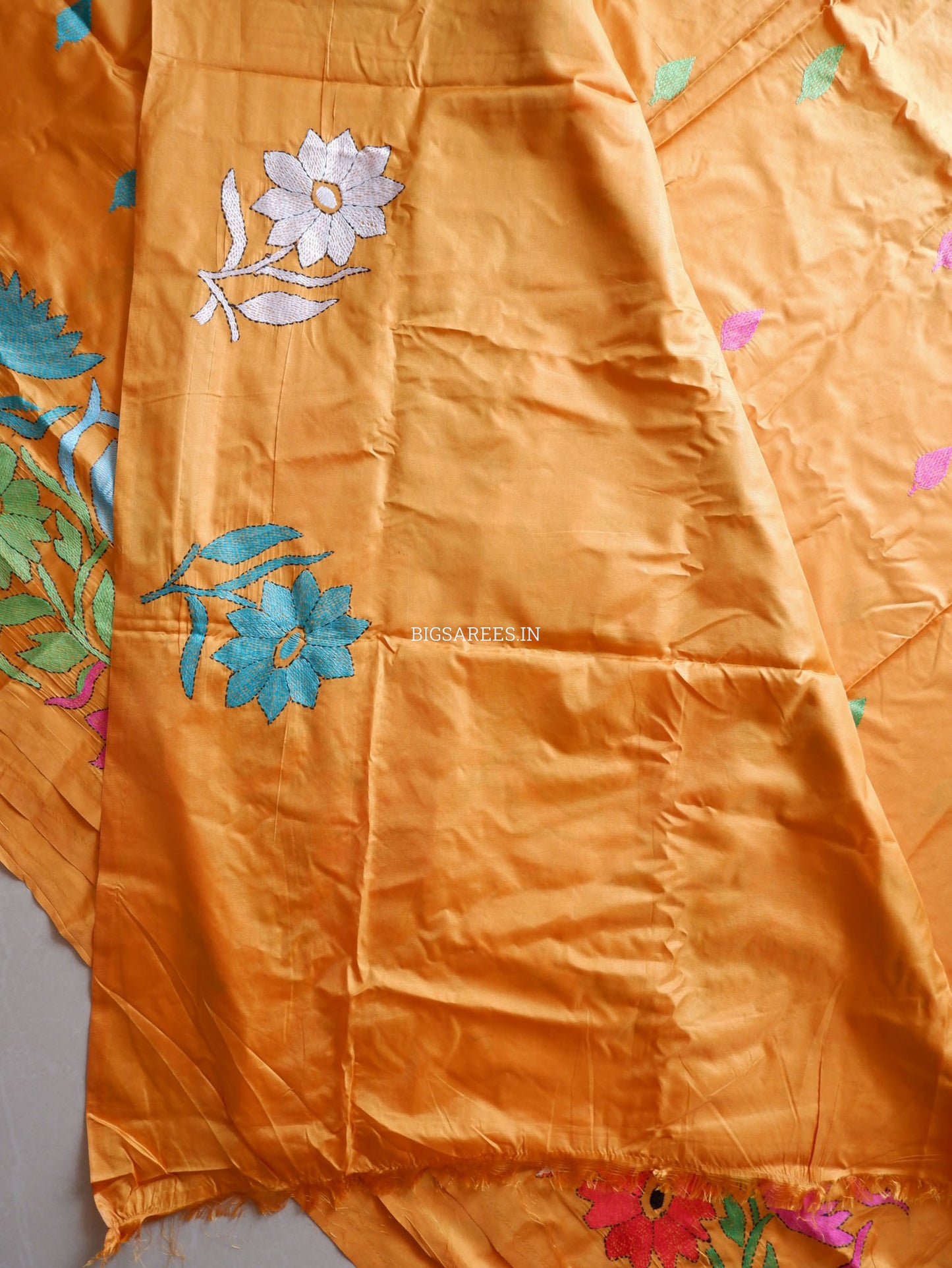 Kantha - Stitch Hand Embroidered Saree | Blended Bangalore Silk / Art Silk | Golden Orange