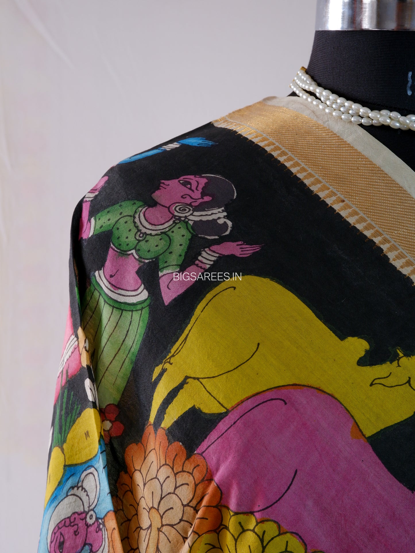 Pen Kalamkari Hand Painted Bangalore Silk Dupatta | Black | 36"
