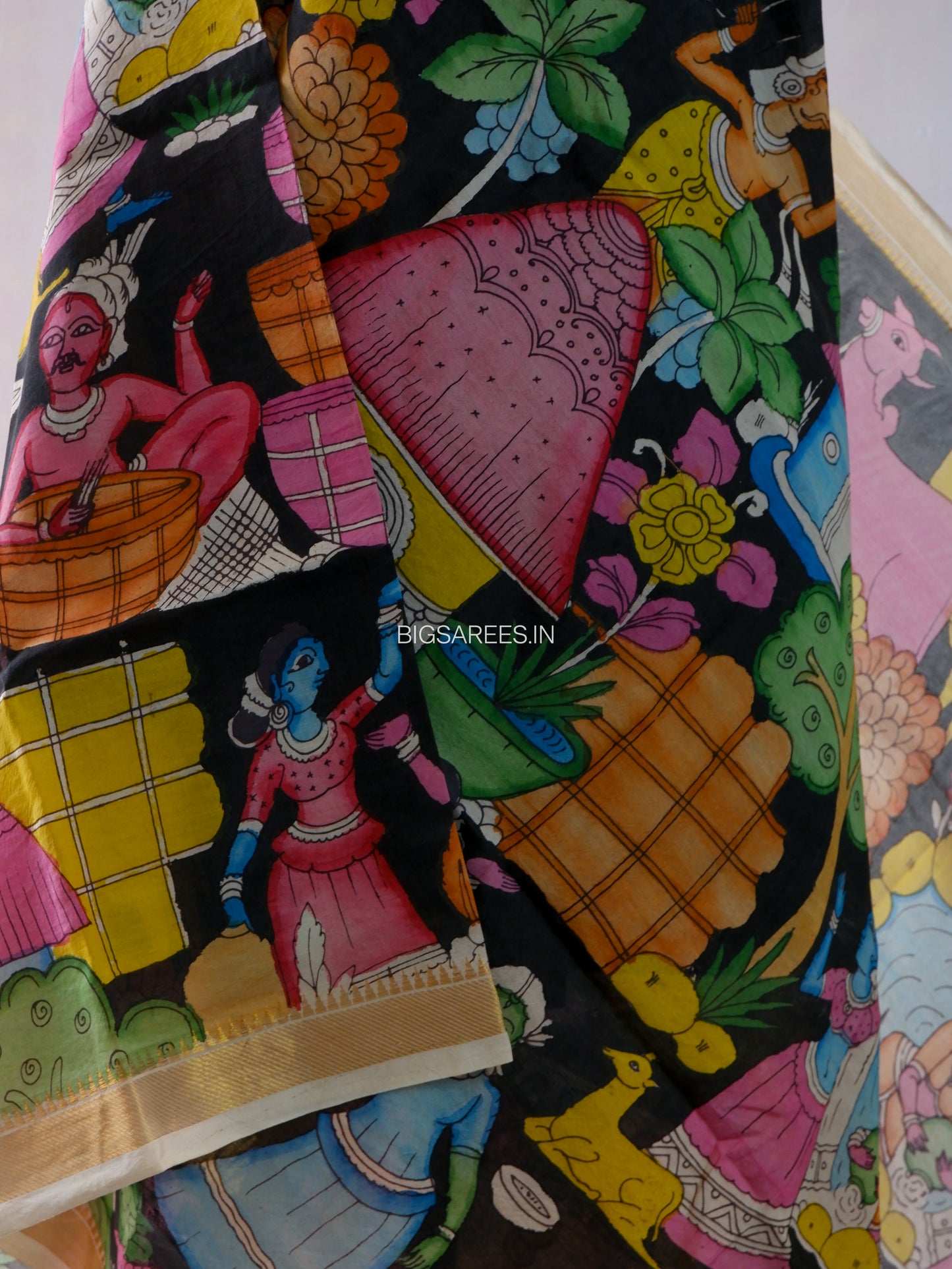 Pen Kalamkari Hand Painted Bangalore Silk Dupatta | Black | 36"