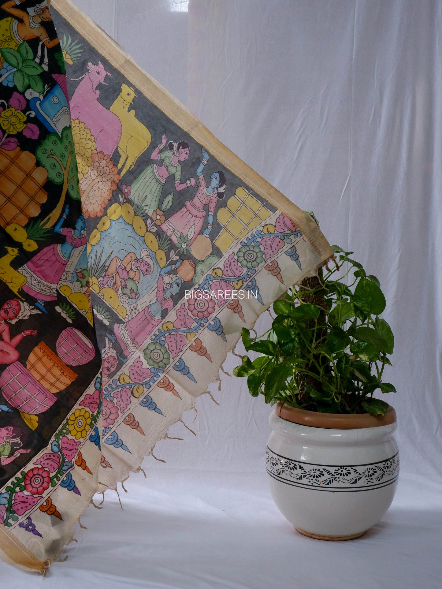 Pen Kalamkari Hand Painted Bangalore Silk Dupatta | Black | 36"