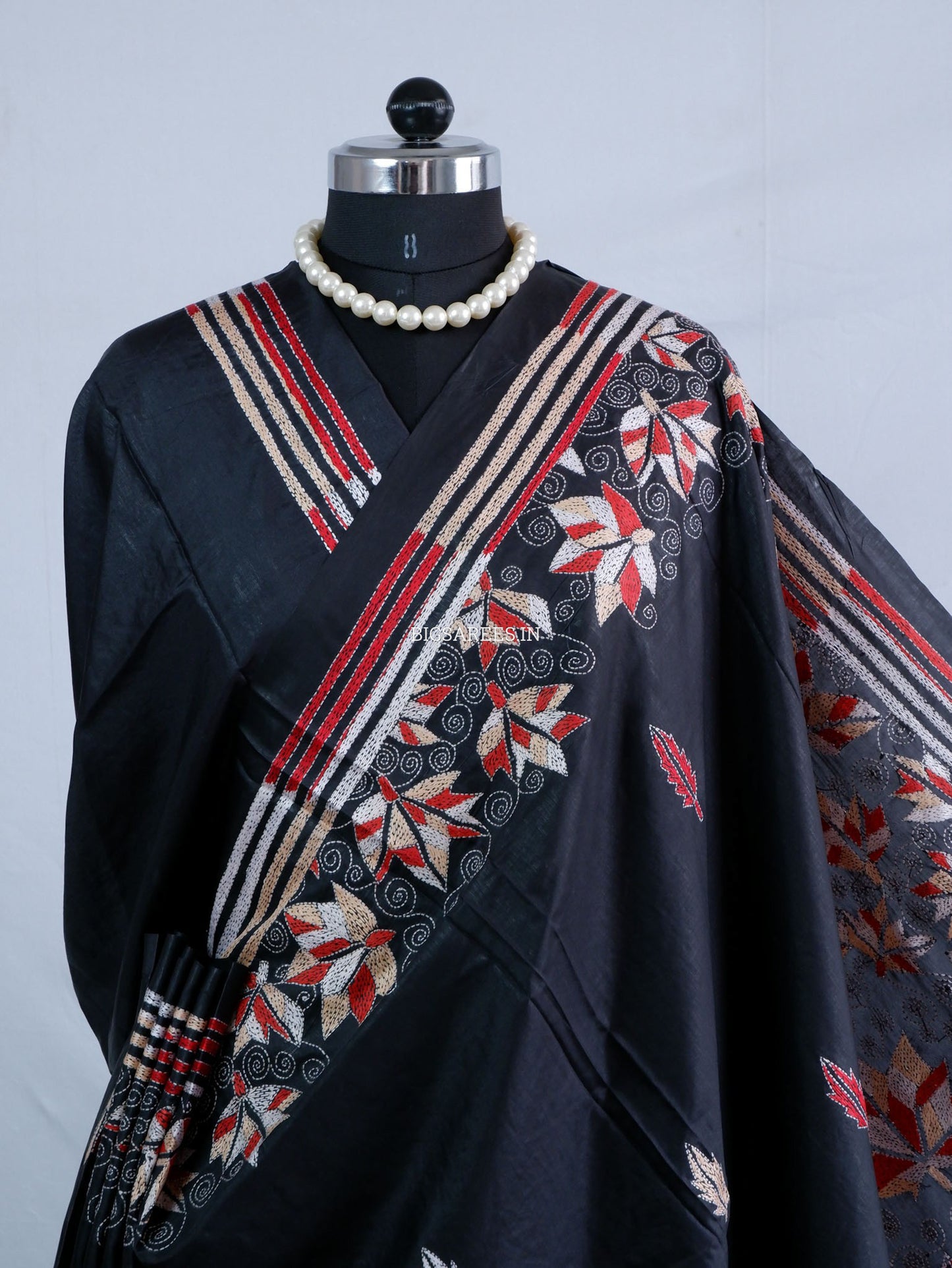 Kantha - Stitch Hand Embroidered Saree | Blended Bangalore Silk / Art Silk | Black