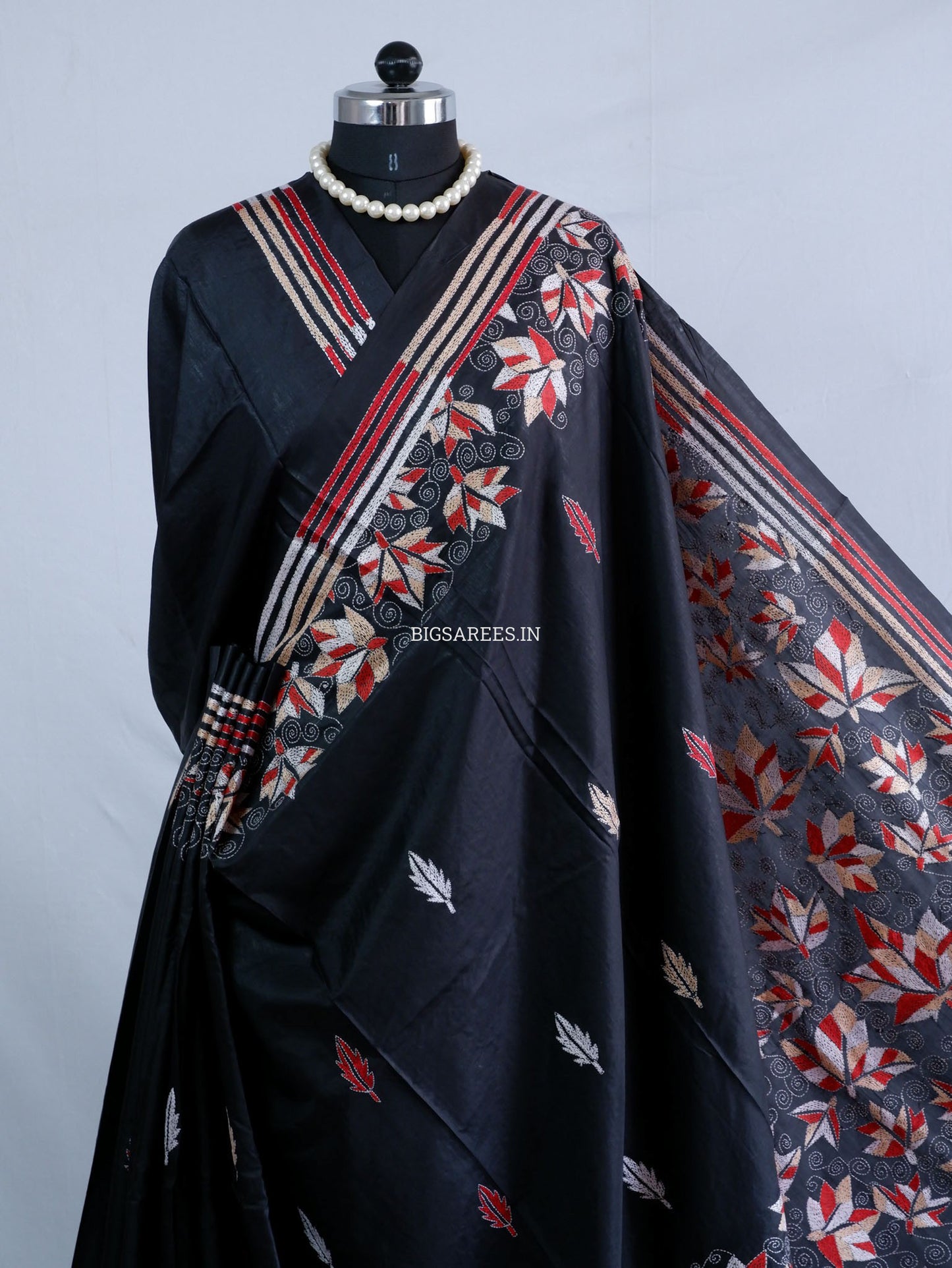 Kantha - Stitch Hand Embroidered Saree | Blended Bangalore Silk / Art Silk | Black
