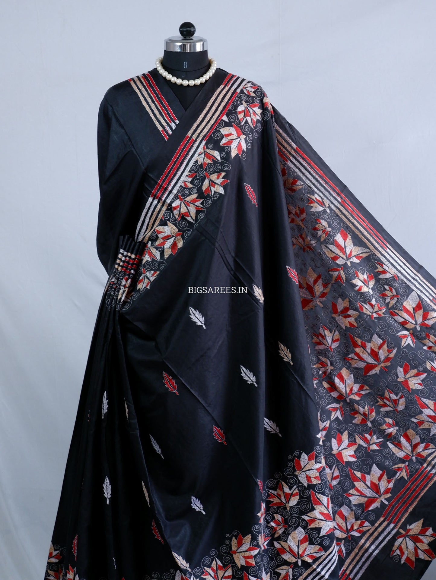 Kantha - Stitch Hand Embroidered Saree | Blended Bangalore Silk / Art Silk | Black