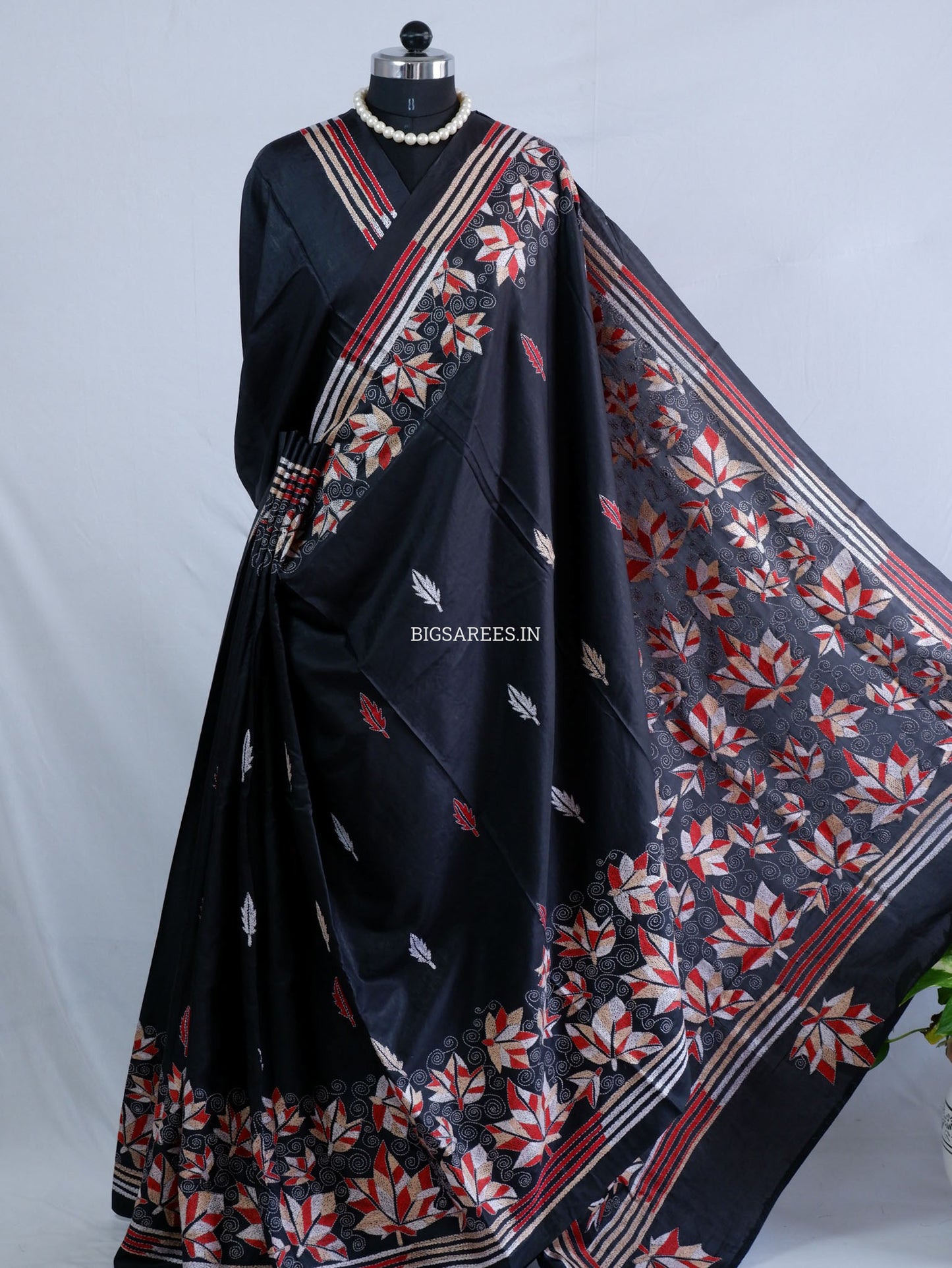 Kantha - Stitch Hand Embroidered Saree | Blended Bangalore Silk / Art Silk | Black