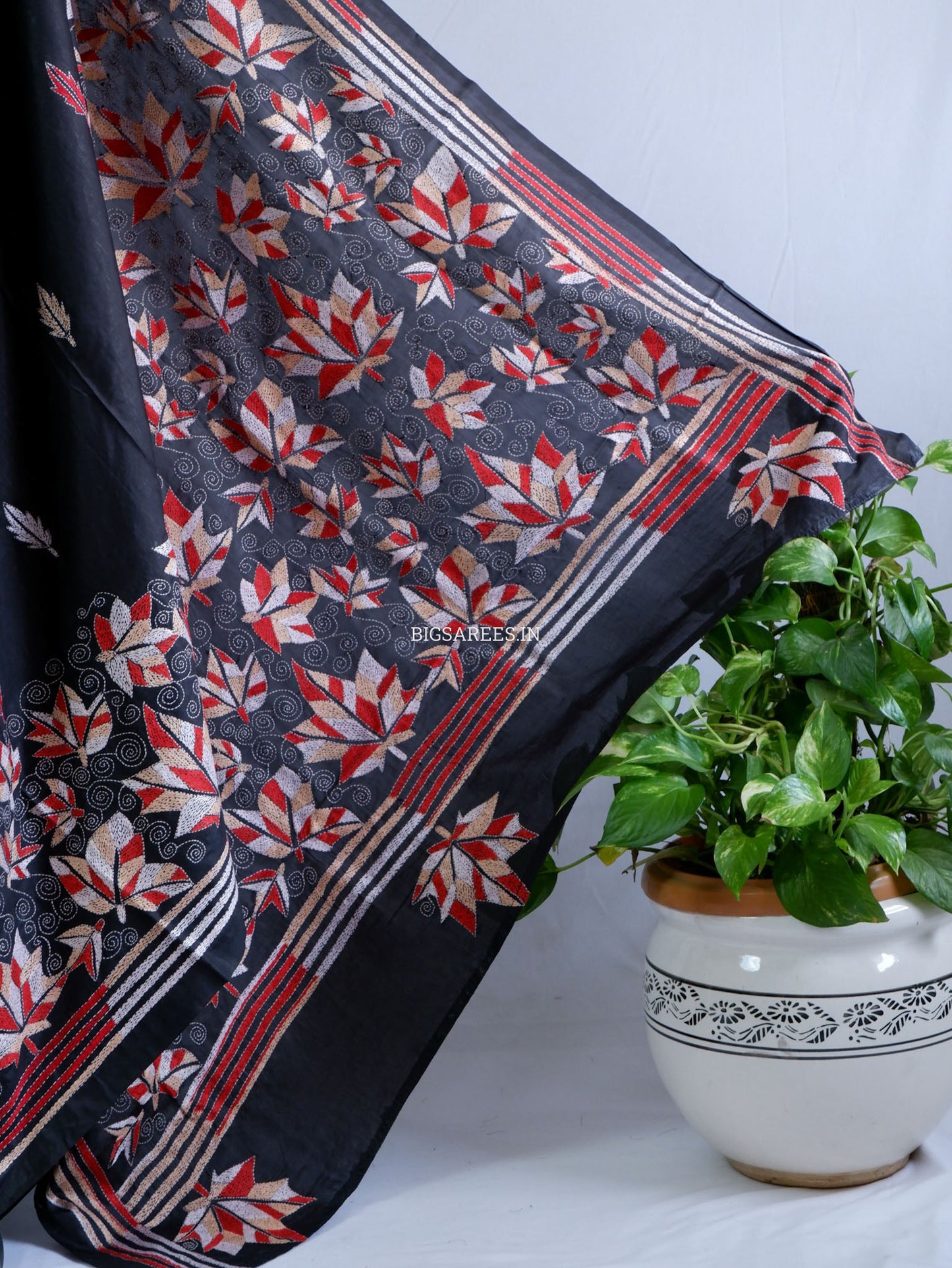 Kantha - Stitch Hand Embroidered Saree | Blended Bangalore Silk / Art Silk | Black