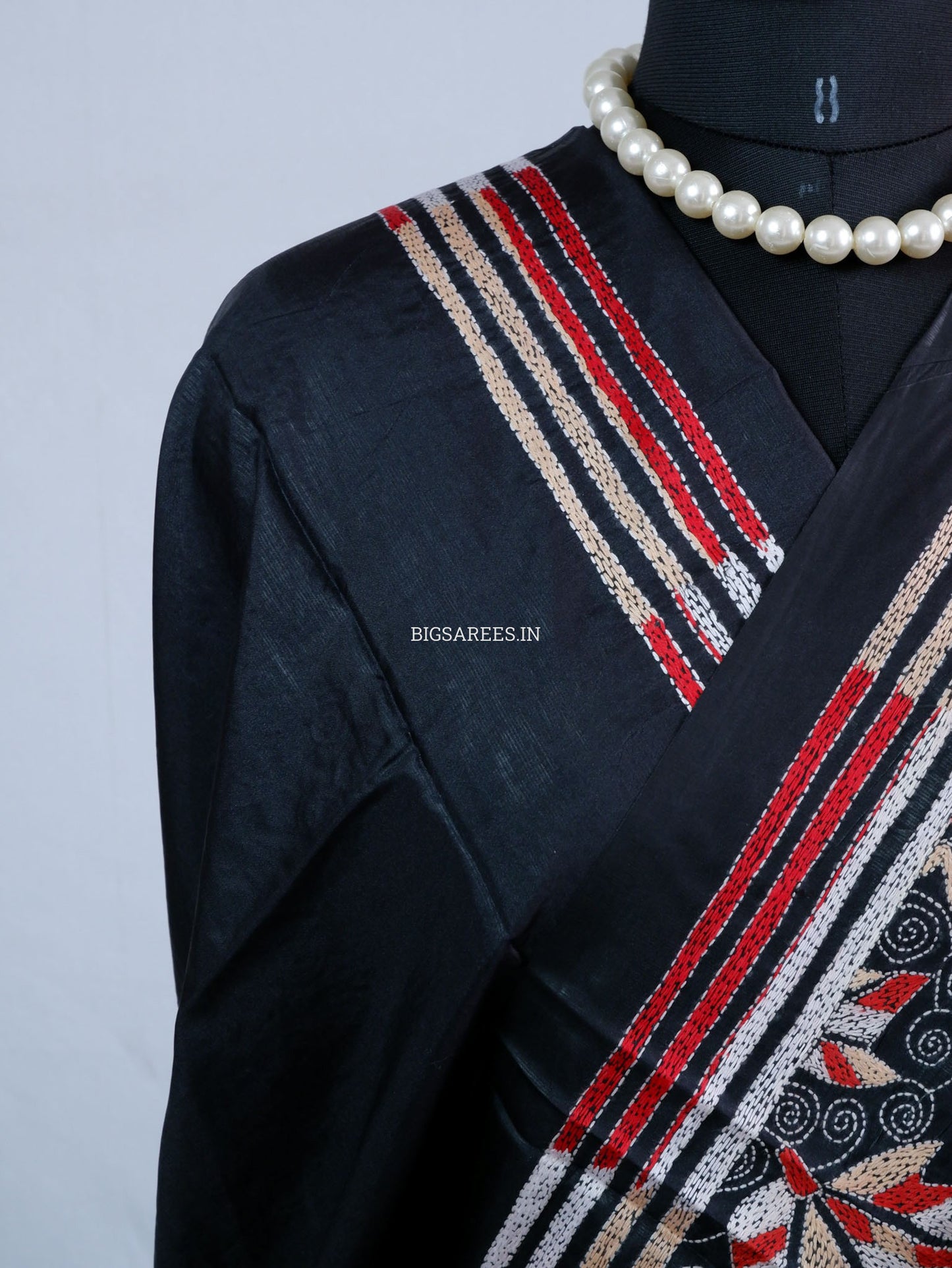 Kantha - Stitch Hand Embroidered Saree | Blended Bangalore Silk / Art Silk | Black