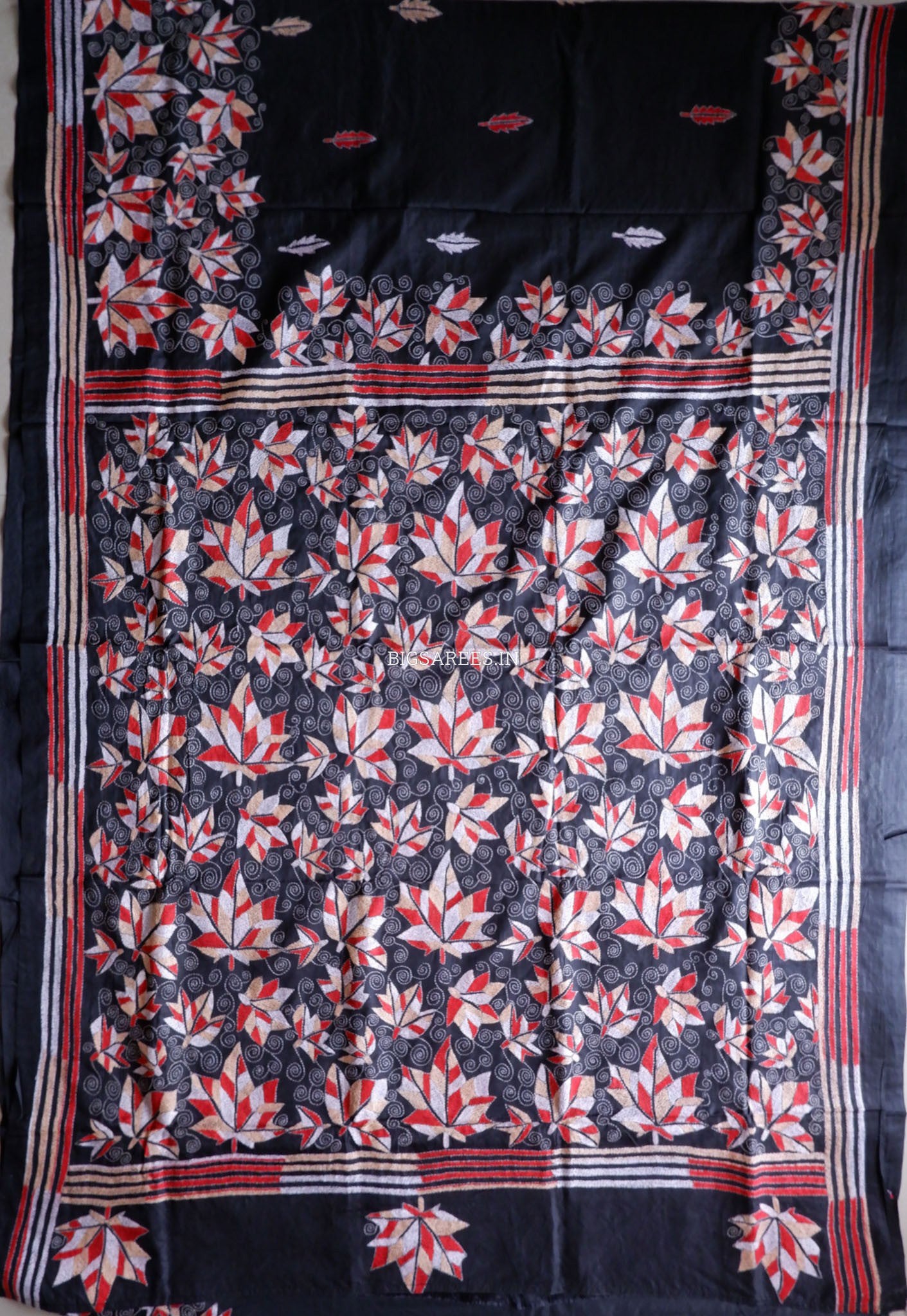 Kantha - Stitch Hand Embroidered Saree | Blended Bangalore Silk / Art Silk | Black