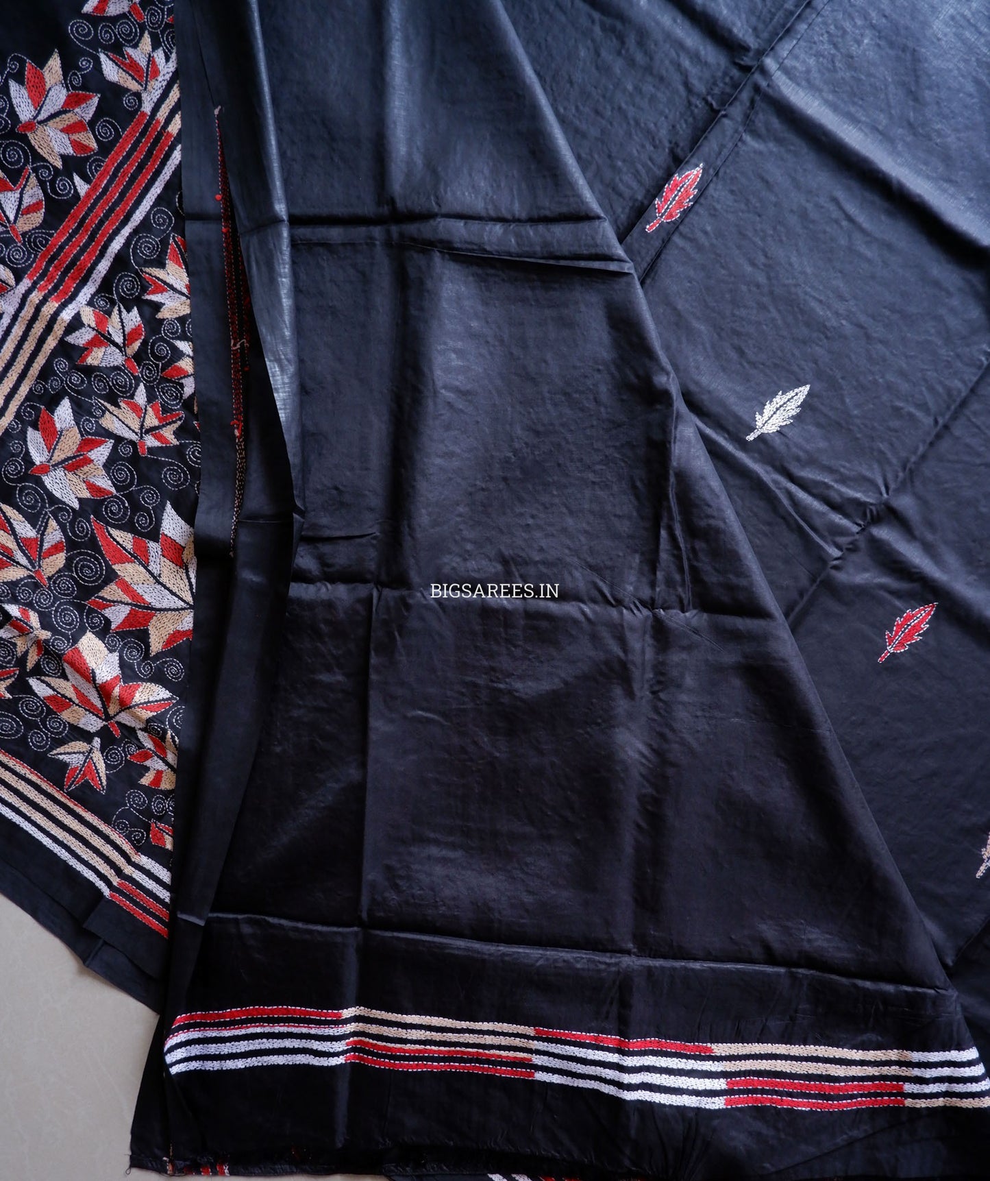 Kantha - Stitch Hand Embroidered Saree | Blended Bangalore Silk / Art Silk | Black