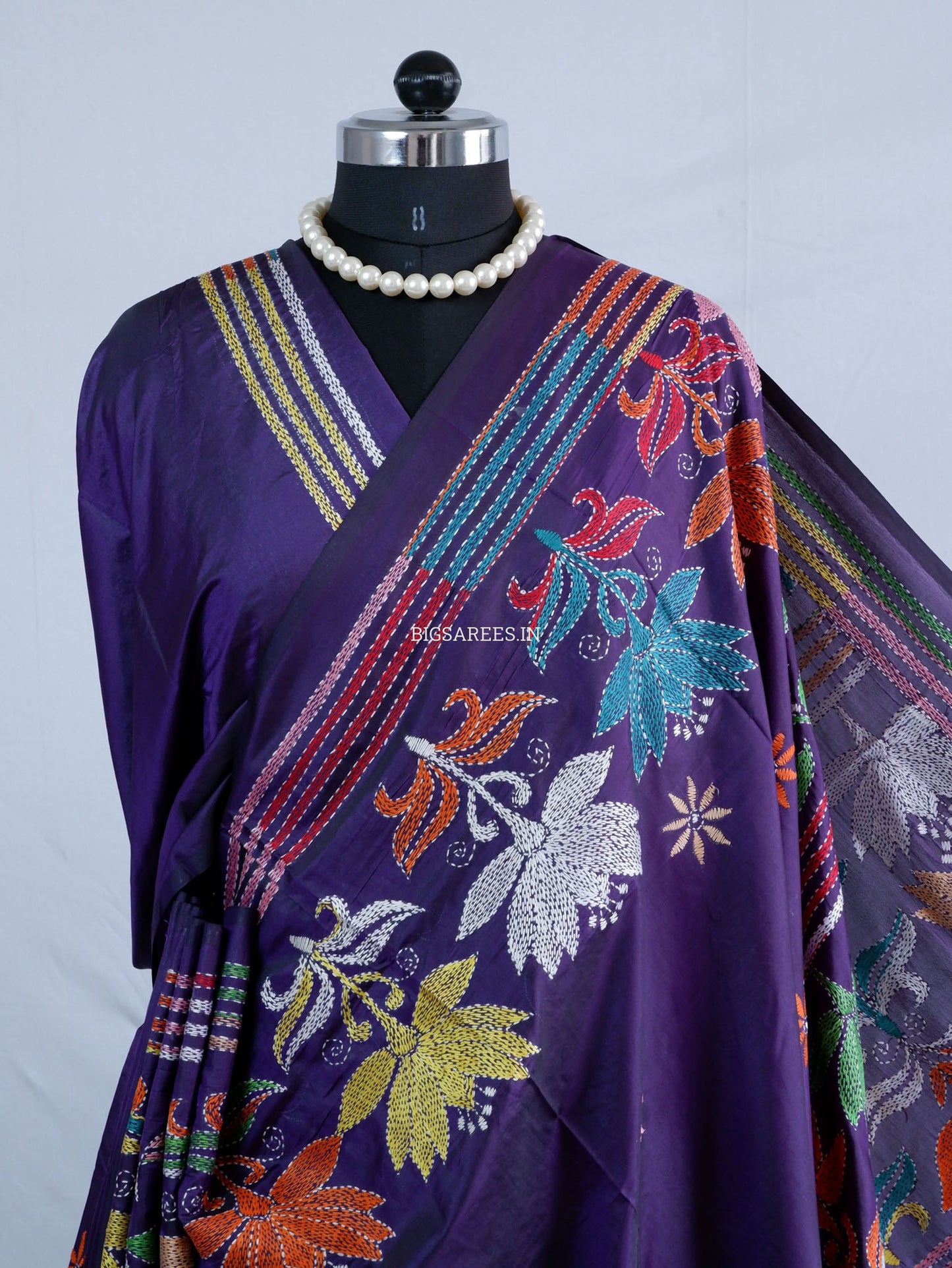 Kantha - Stitch Hand Embroidered Saree | Blended Bangalore Silk / Art Silk | Violet