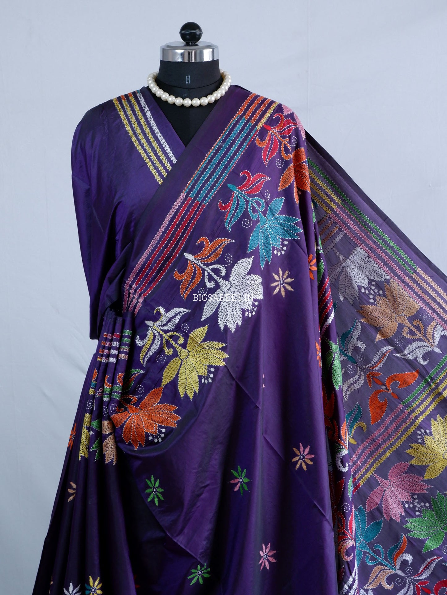 Kantha - Stitch Hand Embroidered Saree | Blended Bangalore Silk / Art Silk | Violet