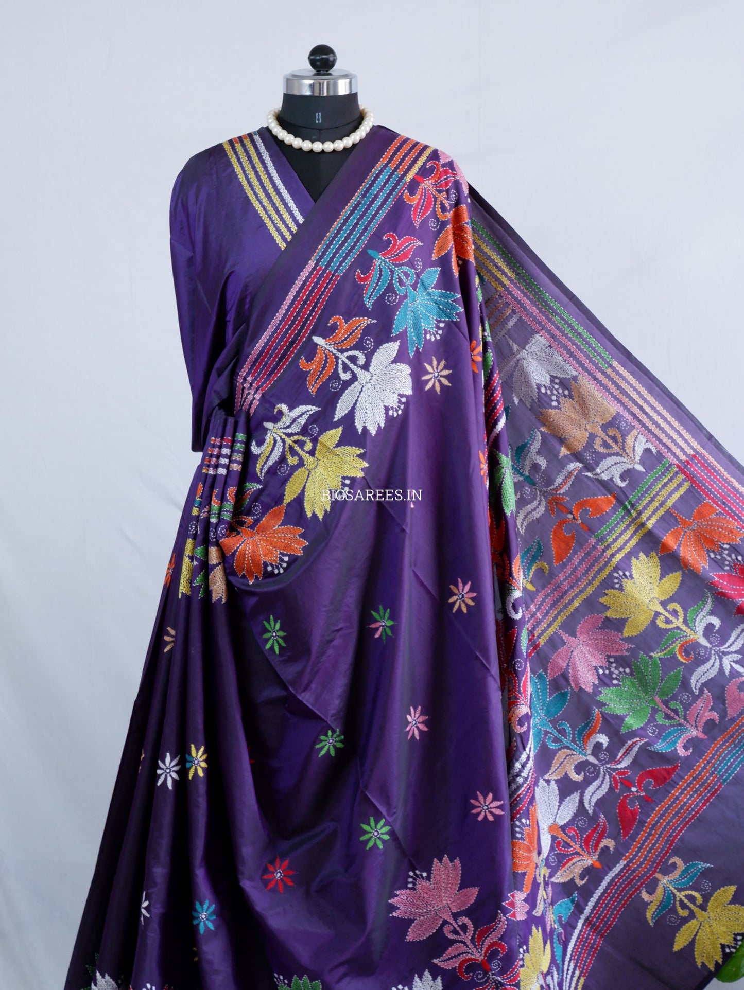 Kantha - Stitch Hand Embroidered Saree | Blended Bangalore Silk / Art Silk | Violet