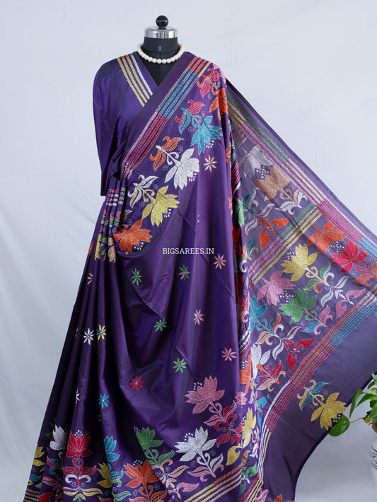 Kantha - Stitch Hand Embroidered Saree | Blended Bangalore Silk / Art Silk | Violet