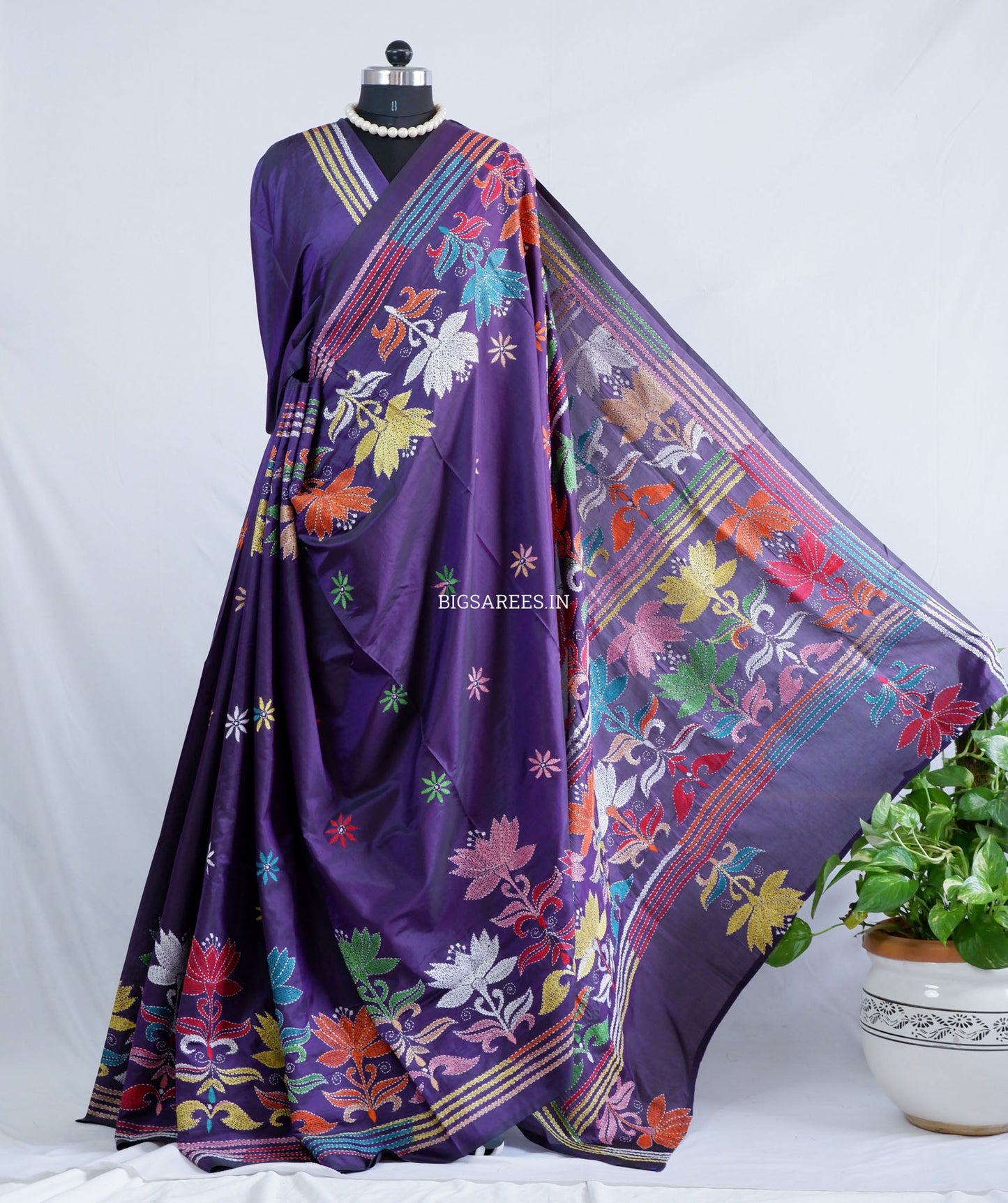Kantha - Stitch Hand Embroidered Saree | Blended Bangalore Silk / Art Silk | Violet