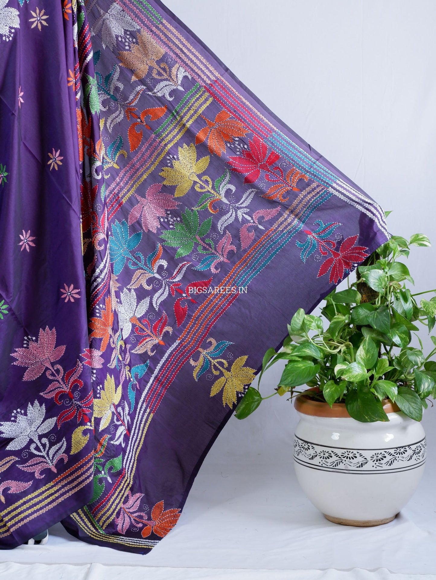 Kantha - Stitch Hand Embroidered Saree | Blended Bangalore Silk / Art Silk | Violet