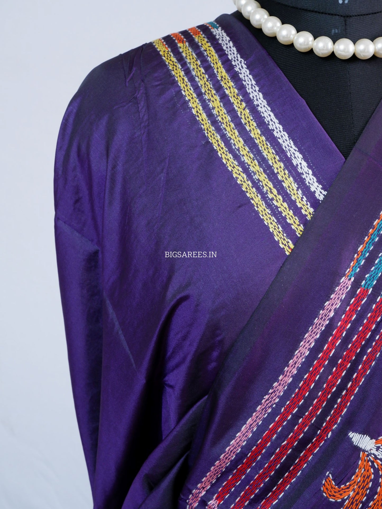 Kantha - Stitch Hand Embroidered Saree | Blended Bangalore Silk / Art Silk | Violet