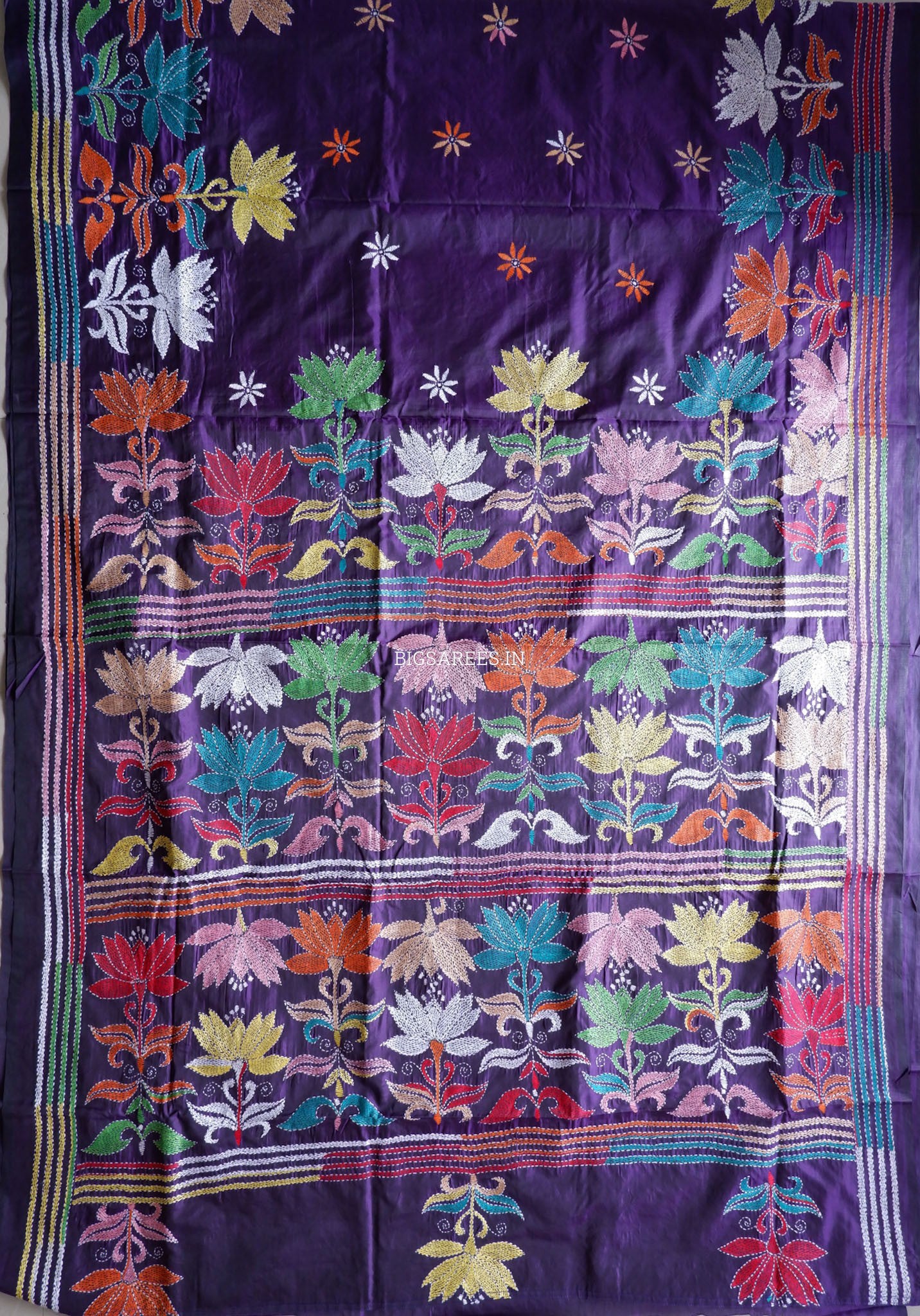 Kantha - Stitch Hand Embroidered Saree | Blended Bangalore Silk / Art Silk | Violet