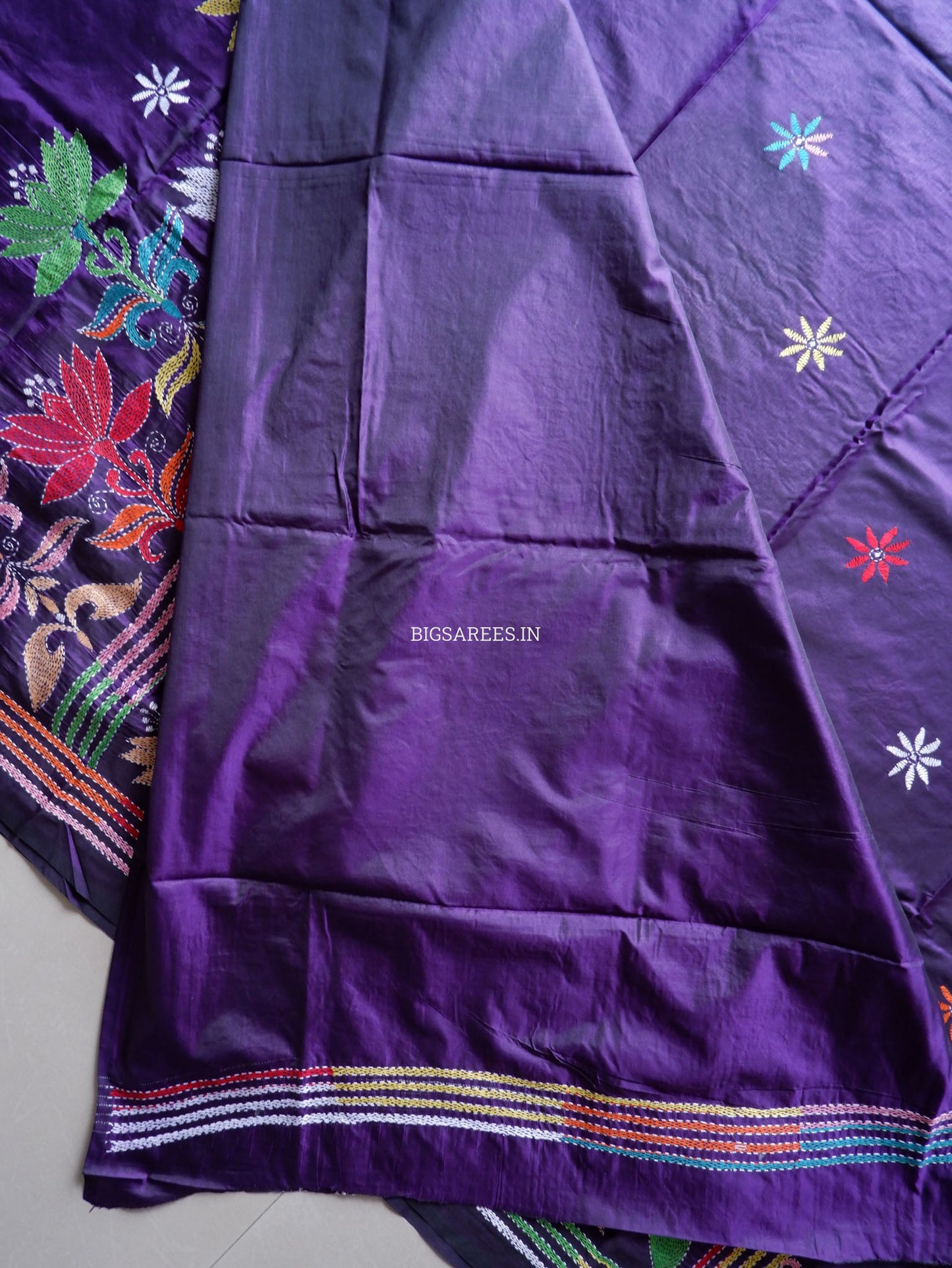 Kantha - Stitch Hand Embroidered Saree | Blended Bangalore Silk / Art Silk | Violet