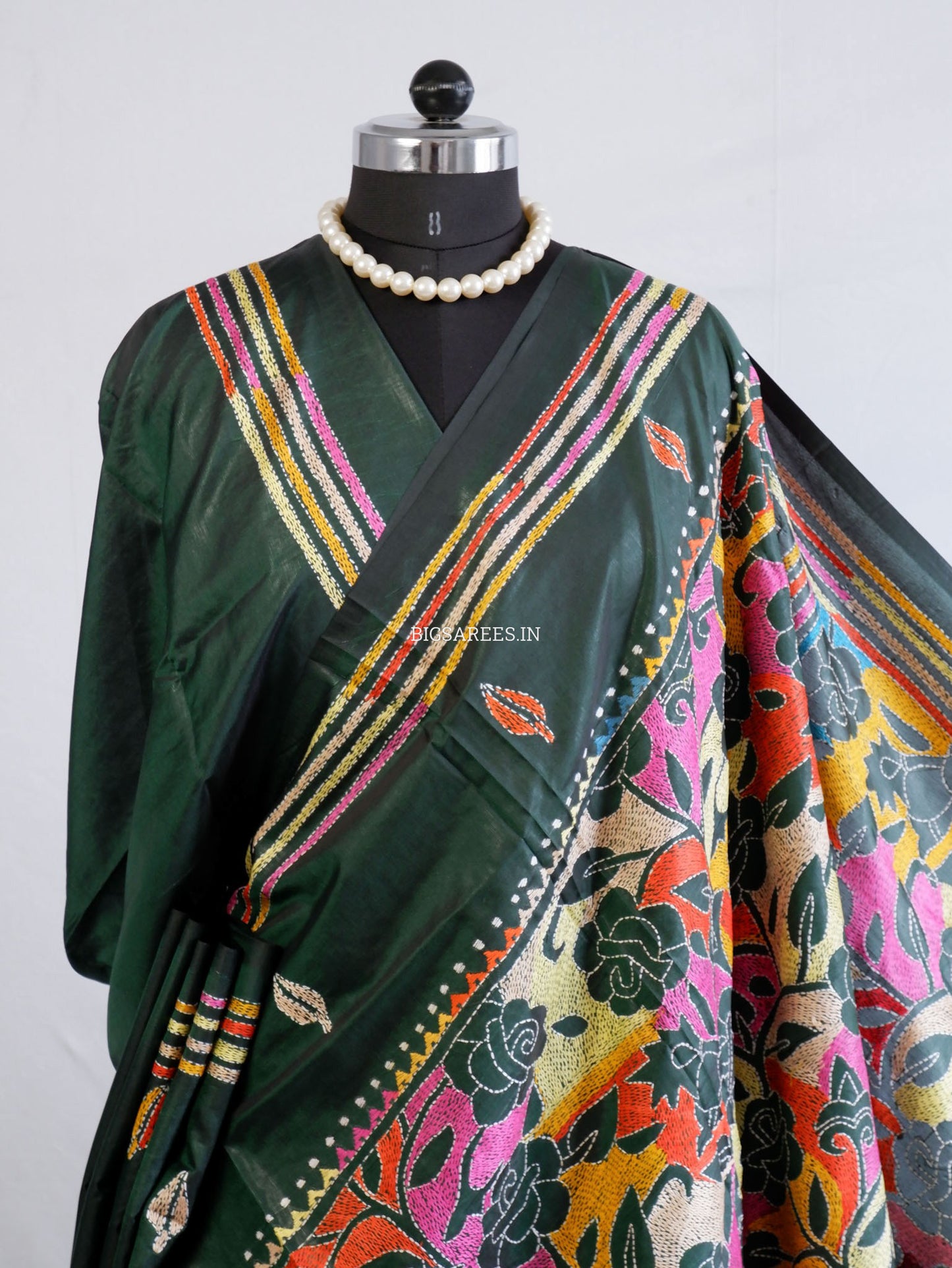 Reverse Kantha Hand Work Embroidered Art Silk Saree - Forest Green