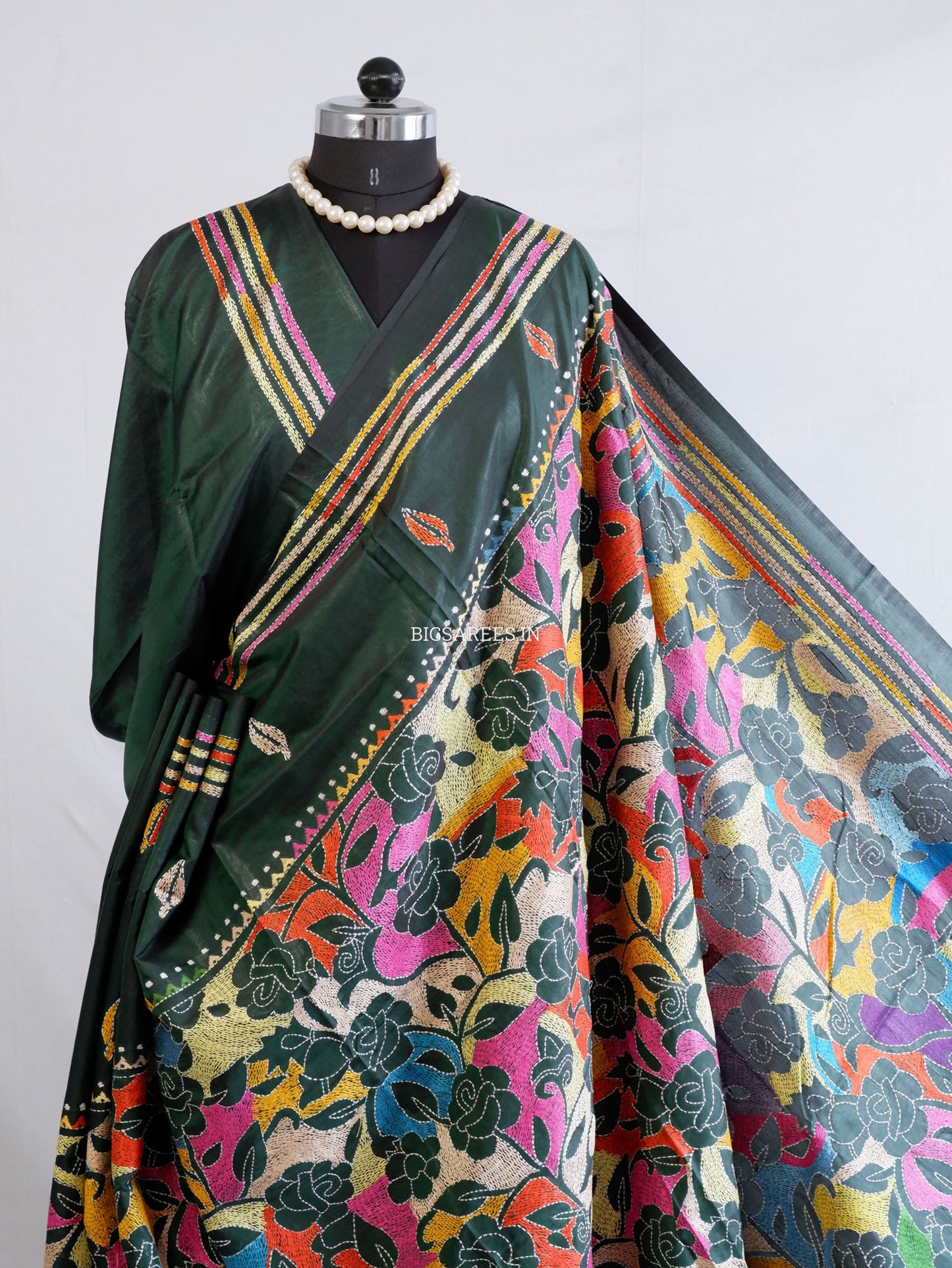 Reverse Kantha Hand Work Embroidered Art Silk Saree - Forest Green