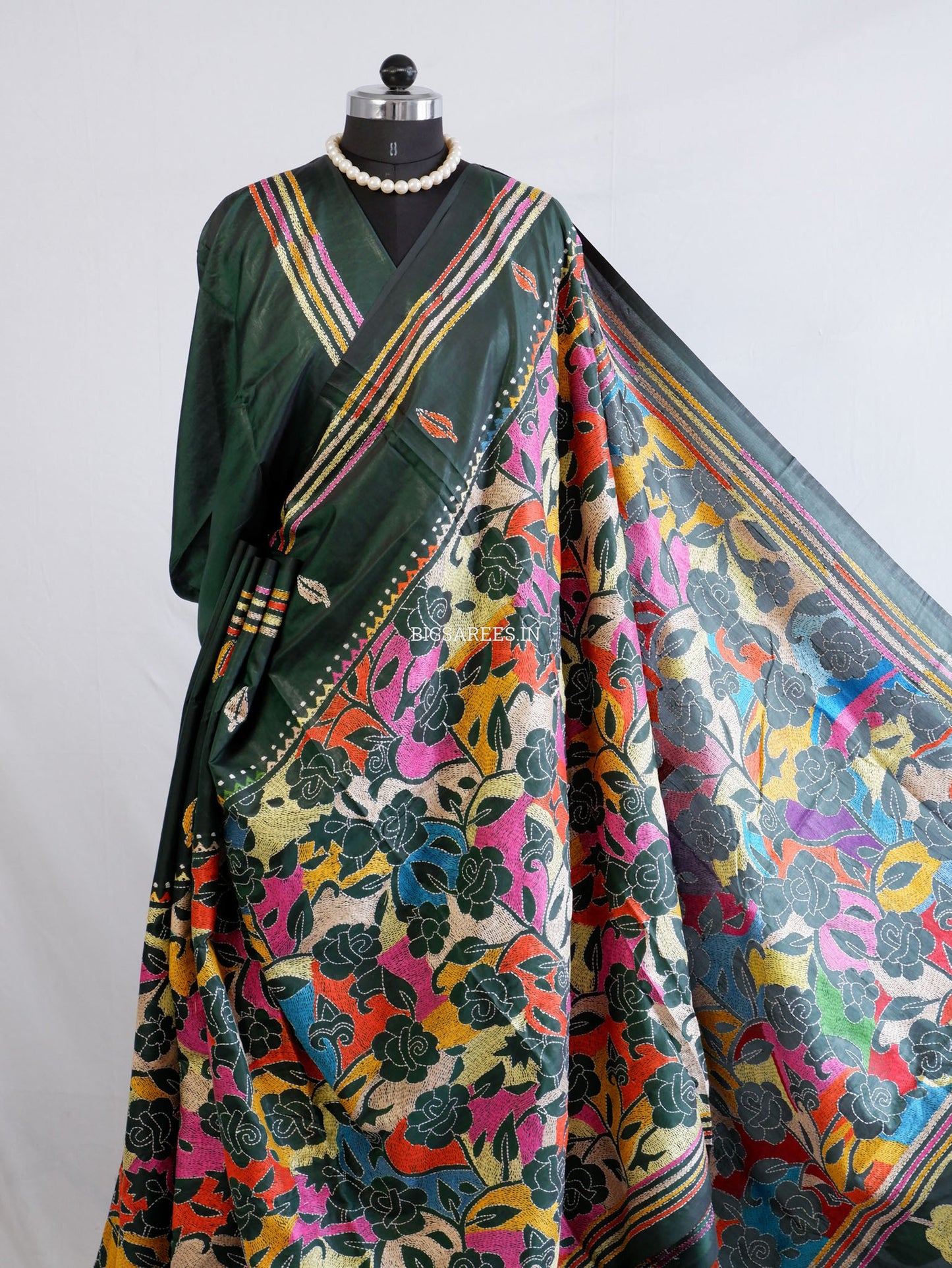 Reverse Kantha Hand Work Embroidered Art Silk Saree - Forest Green