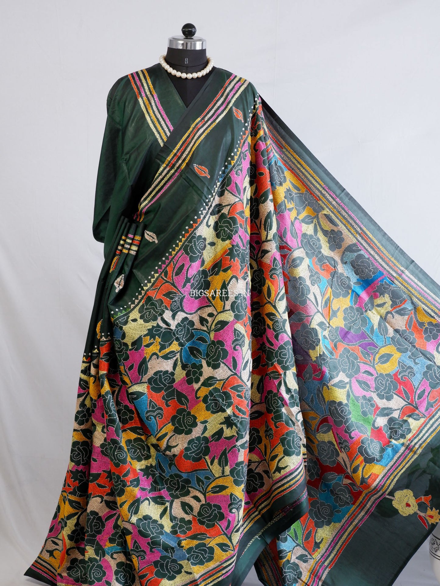 Reverse Kantha Hand Work Embroidered Art Silk Saree - Forest Green