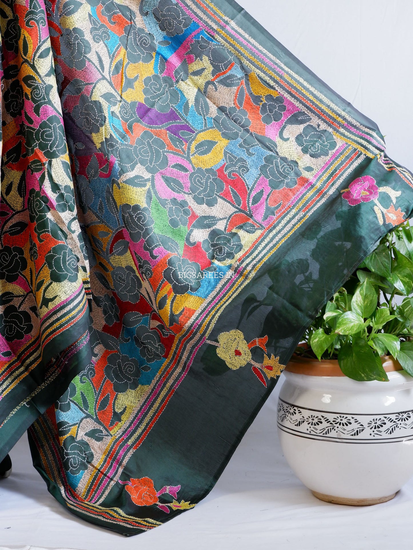 Reverse Kantha Hand Work Embroidered Art Silk Saree - Forest Green