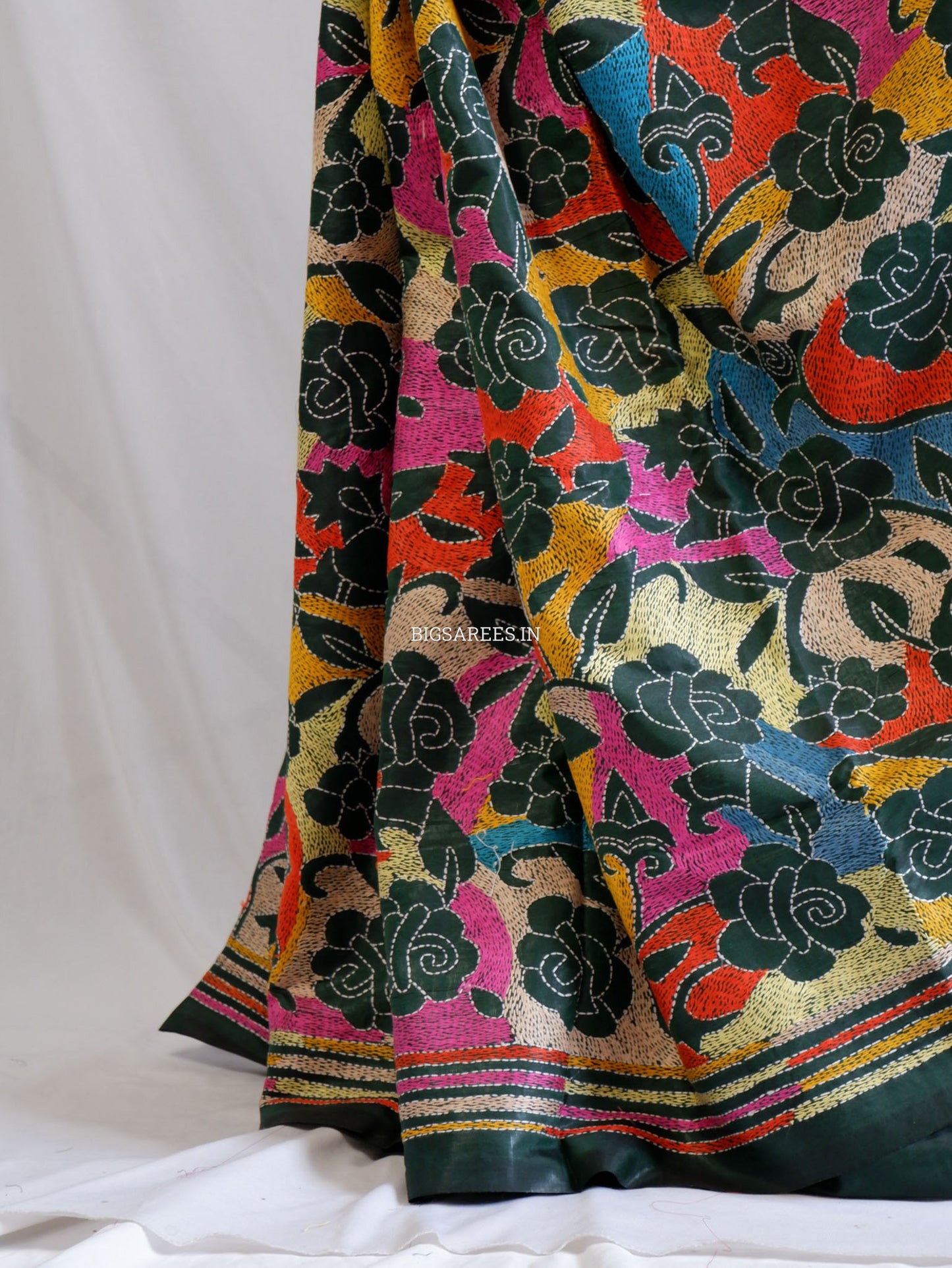 Reverse Kantha Hand Work Embroidered Art Silk Saree - Forest Green