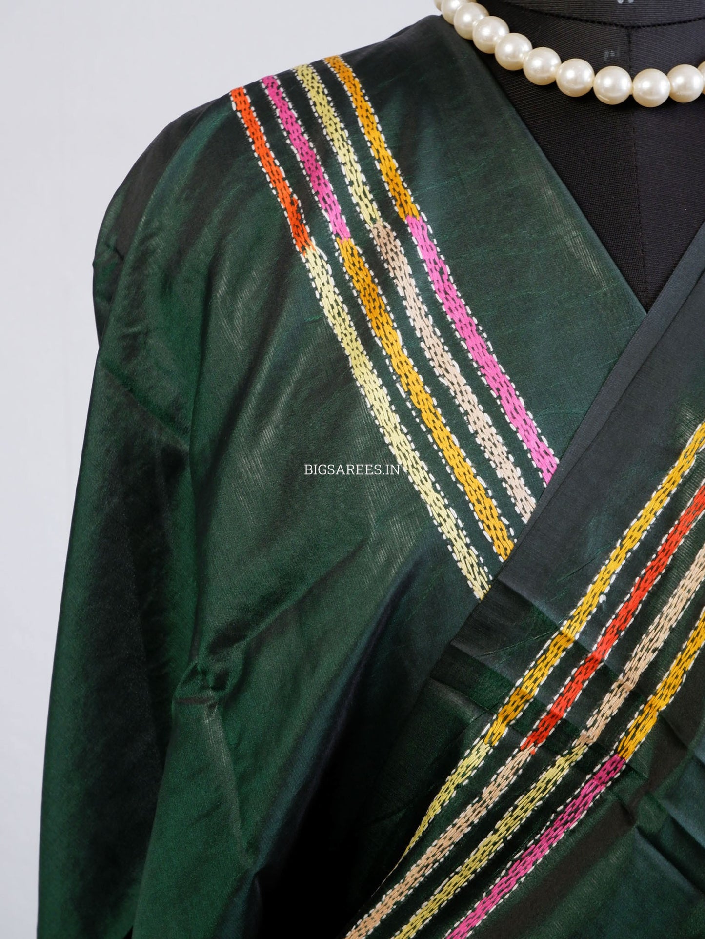 Reverse Kantha Hand Work Embroidered Art Silk Saree - Forest Green