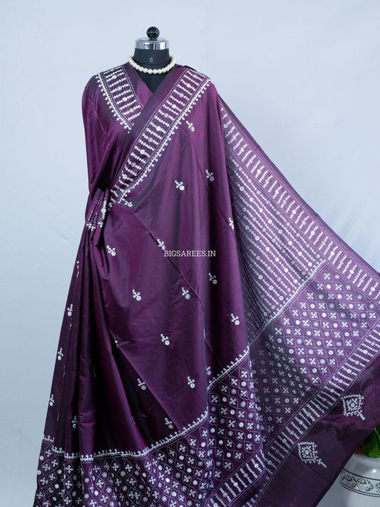 Kutchi/Gujarati Stitch Hand Embroidered Saree | Art Silk | Foil Mirror | Dark Purple
