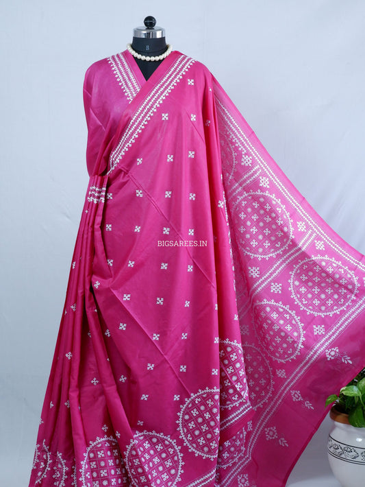 Kutchi/Gujarati Hand Embroidered Saree  | Blended Bangalore Silk / Art Silk | Pink