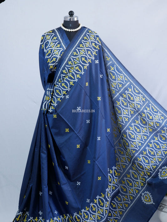 Kutchi/Gujarati Hand Embroidered Saree  | Blended Bangalore Silk / Art Silk | Peacock Blue