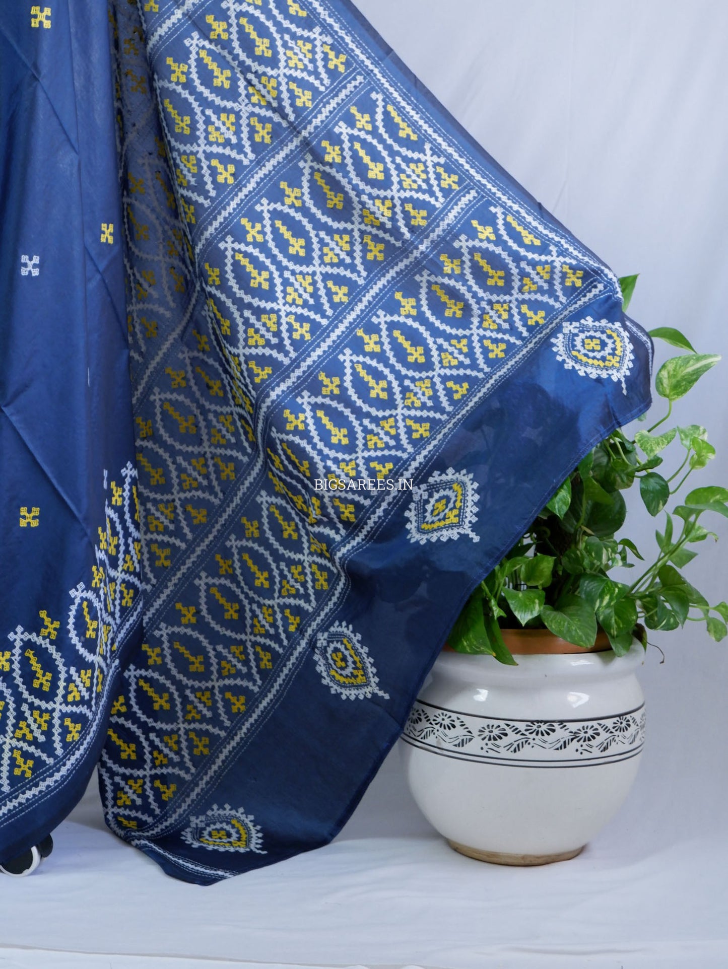 Kutchi/Gujarati Hand Embroidered Saree  | Blended Bangalore Silk / Art Silk | Peacock Blue