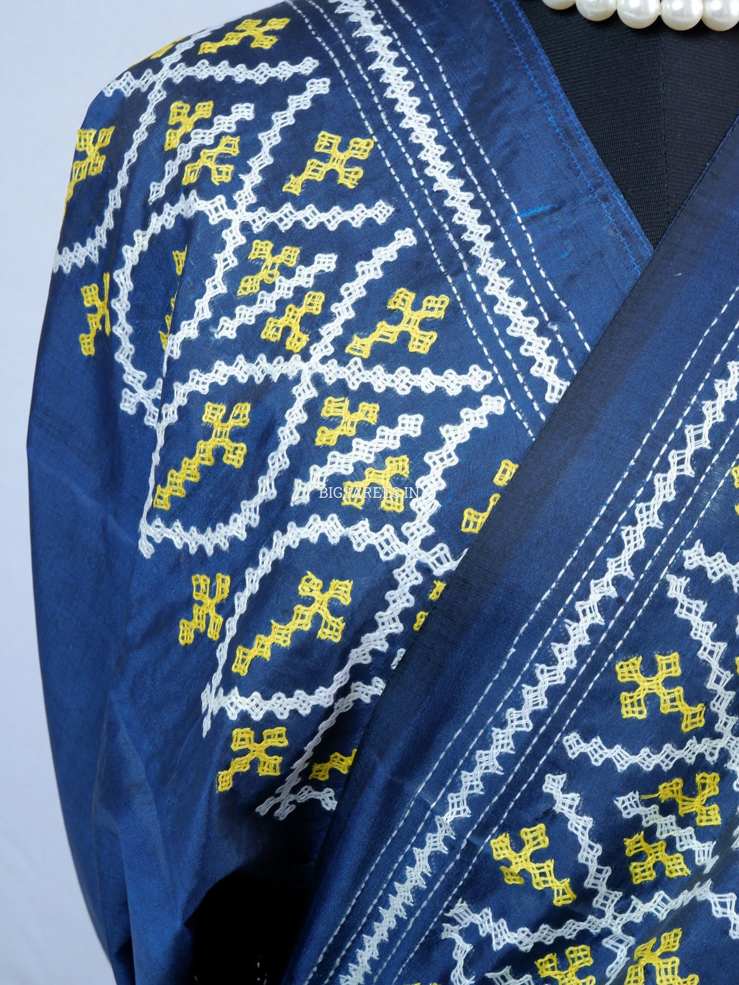 Kutchi/Gujarati Hand Embroidered Saree  | Blended Bangalore Silk / Art Silk | Peacock Blue