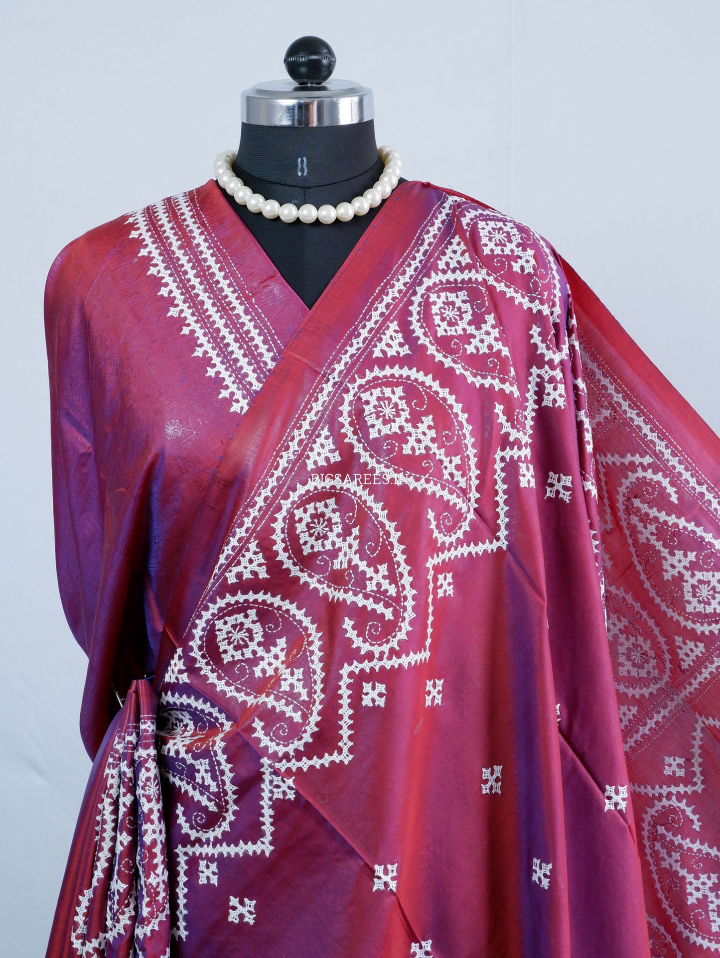 Kutchi/Gujarati Hand Embroidered Saree  | Blended Bangalore Silk / Art Silk | Plum Red