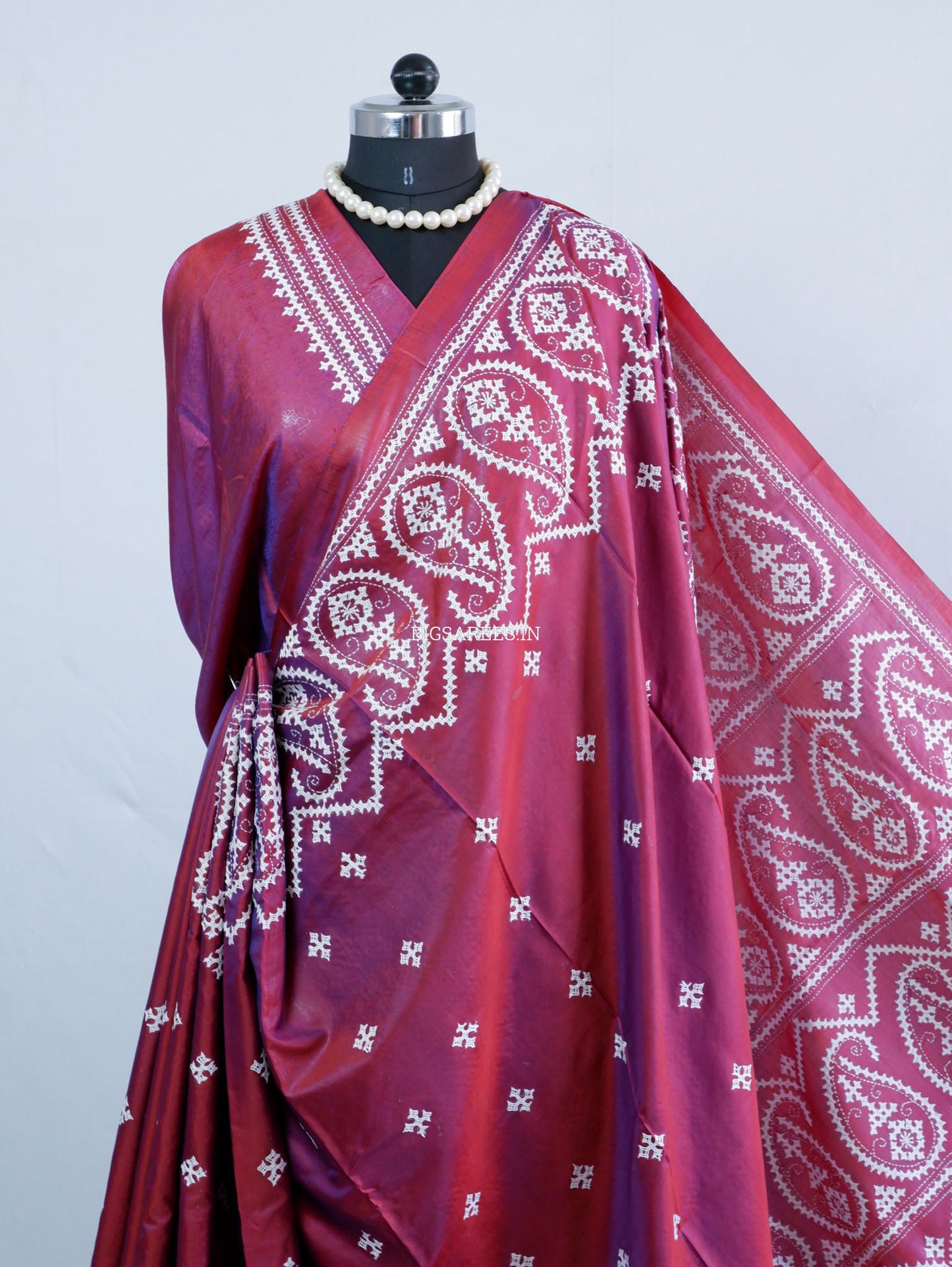 Kutchi/Gujarati Hand Embroidered Saree  | Blended Bangalore Silk / Art Silk | Plum Red