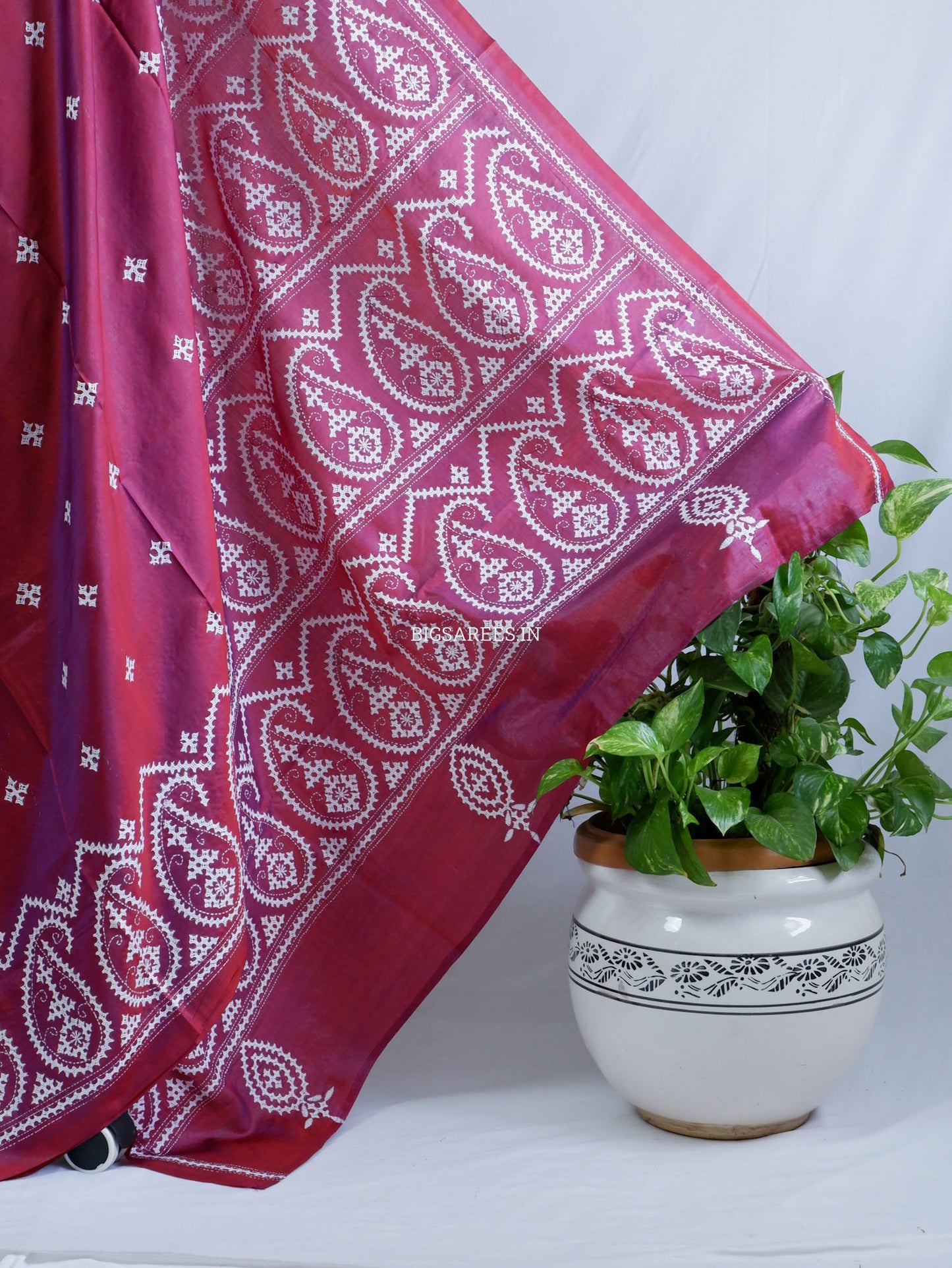 Kutchi/Gujarati Hand Embroidered Saree  | Blended Bangalore Silk / Art Silk | Plum Red