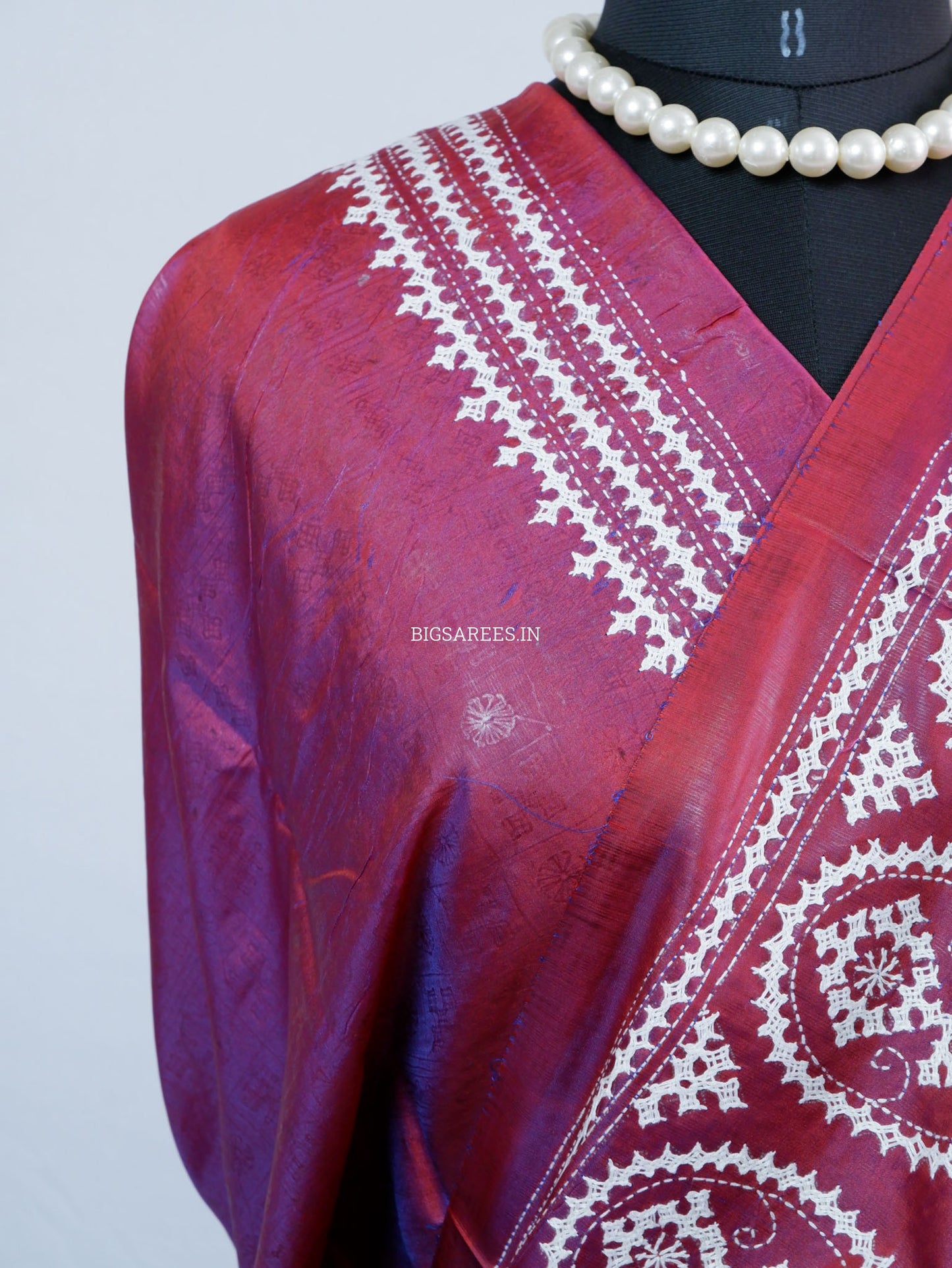 Kutchi/Gujarati Hand Embroidered Saree  | Blended Bangalore Silk / Art Silk | Plum Red