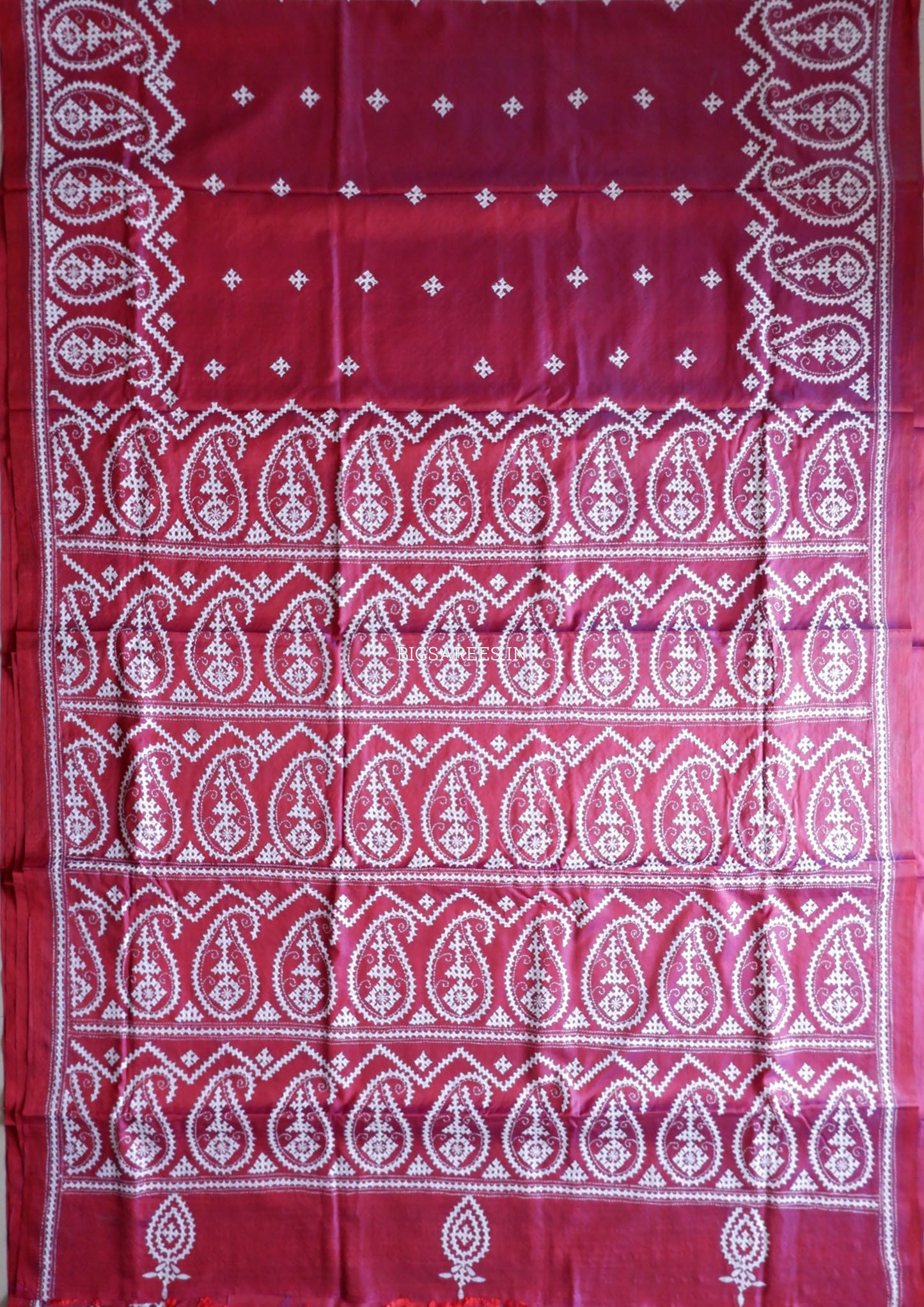 Kutchi/Gujarati Hand Embroidered Saree  | Blended Bangalore Silk / Art Silk | Plum Red
