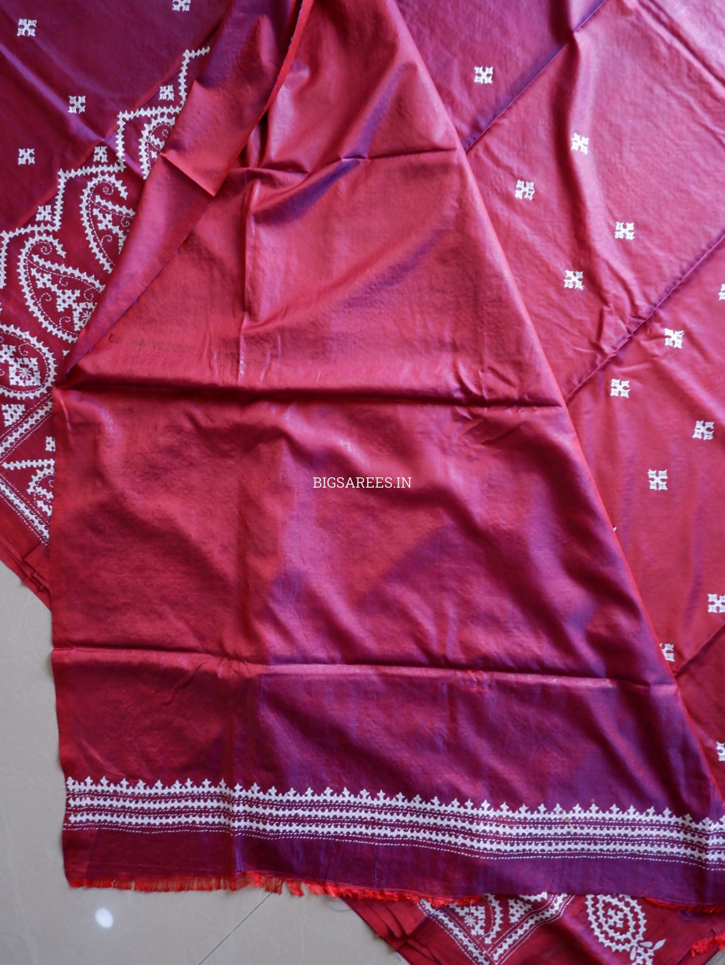 Kutchi/Gujarati Hand Embroidered Saree  | Blended Bangalore Silk / Art Silk | Plum Red