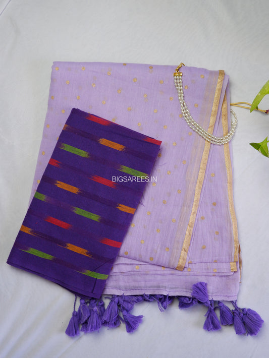 Polka Dot Saree With Blouse | Mul Cotton | Lavendar