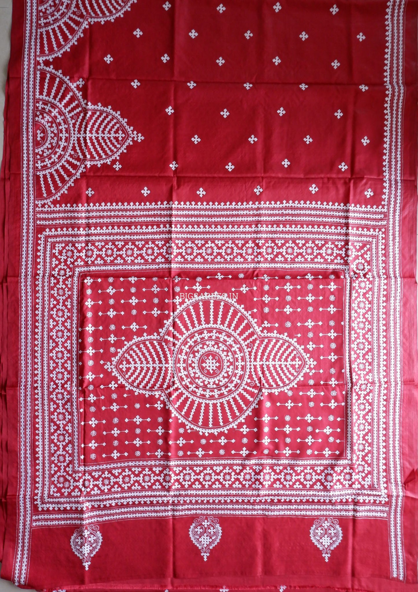 Kutchi/Gujarati Hand Embroidered Saree  | Blended Bangalore Silk / Art Silk | Red