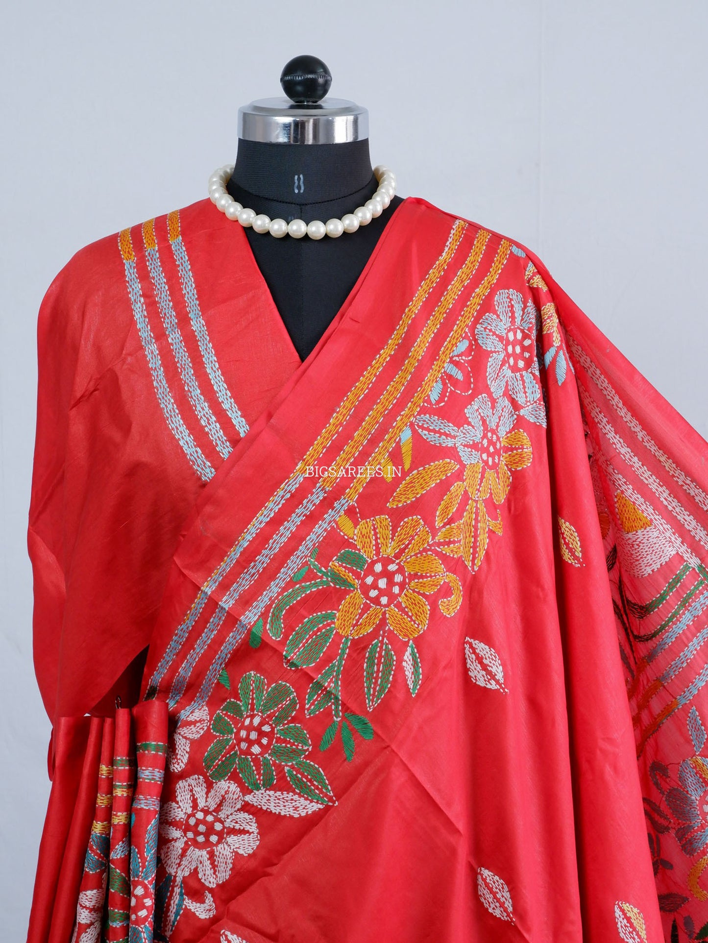 Kantha - Stitch Hand Embroidered Saree | Blended Bangalore Silk / Art Silk | Red