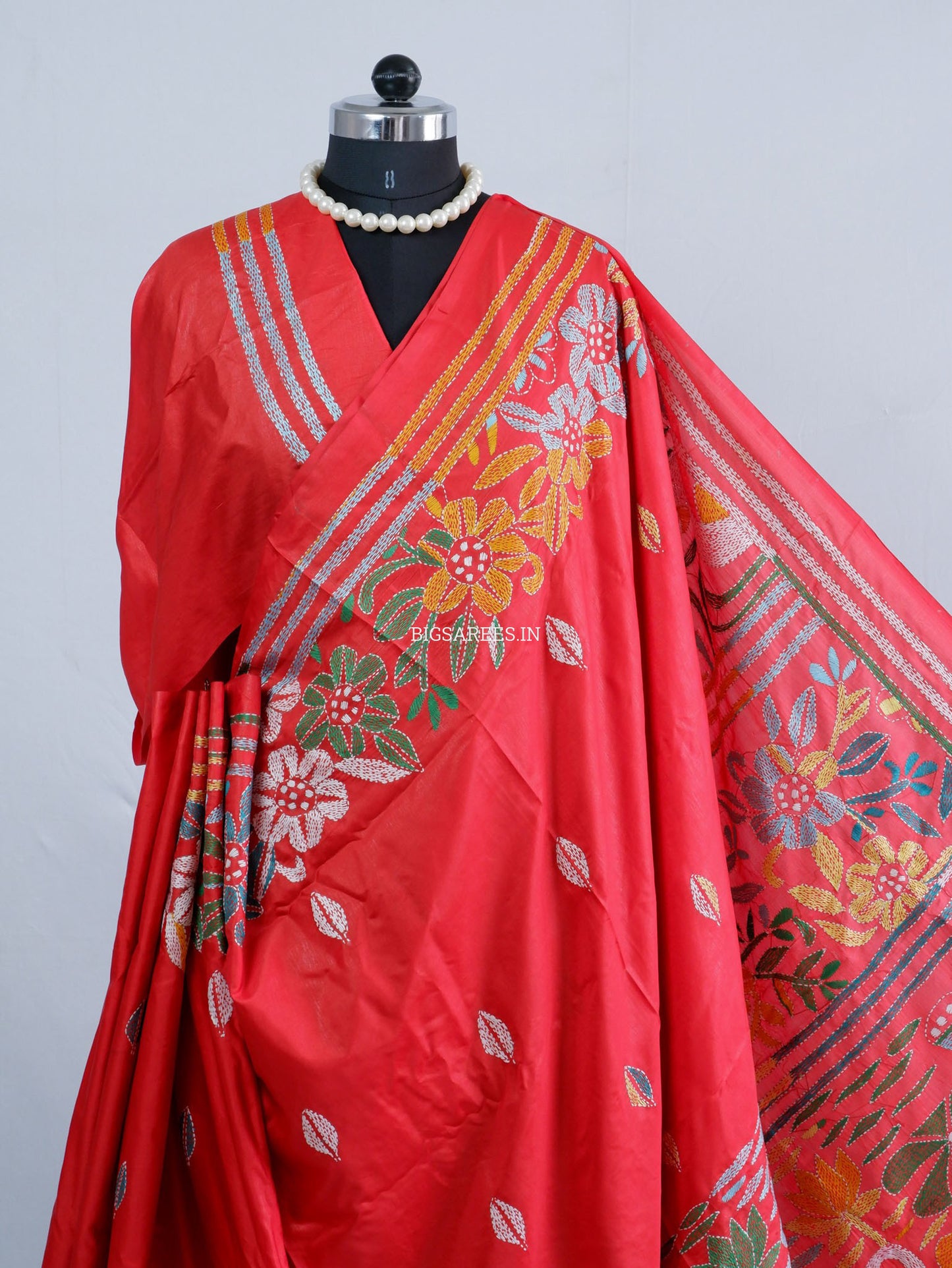 Kantha - Stitch Hand Embroidered Saree | Blended Bangalore Silk / Art Silk | Red