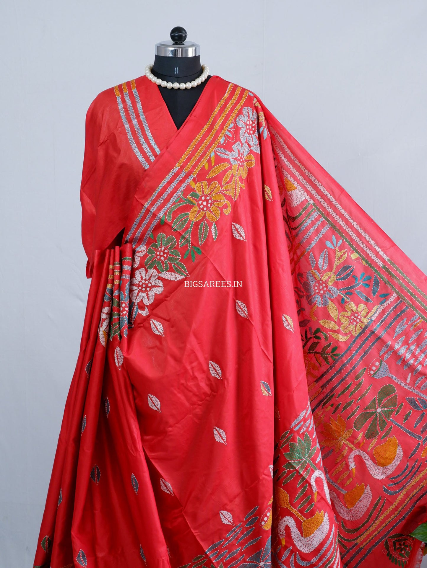 Kantha - Stitch Hand Embroidered Saree | Blended Bangalore Silk / Art Silk | Red