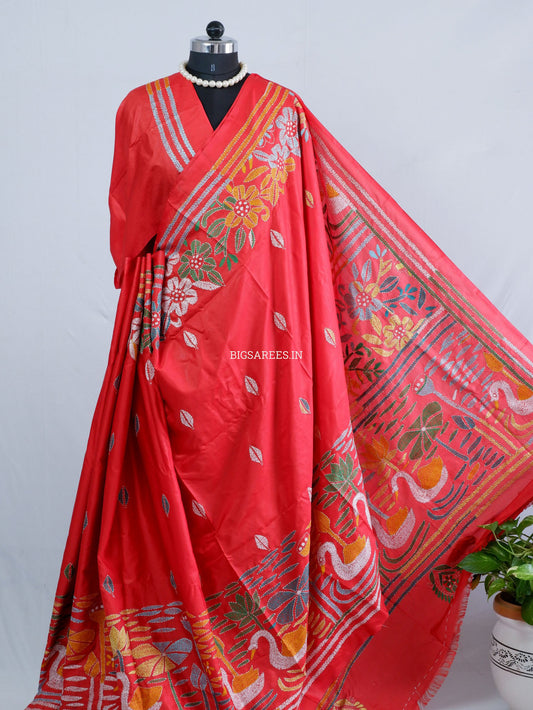 Kantha - Stitch Hand Embroidered Saree | Blended Bangalore Silk / Art Silk | Red