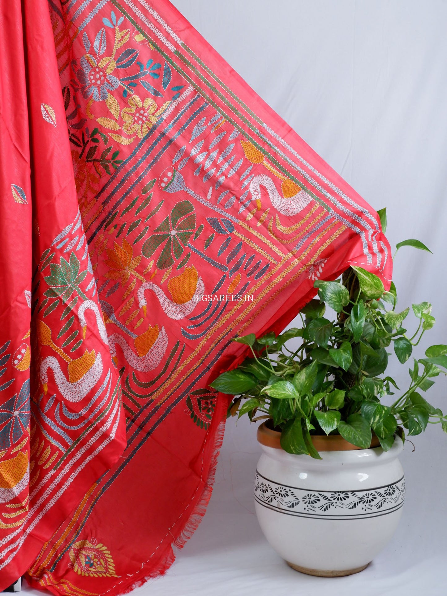Kantha - Stitch Hand Embroidered Saree | Blended Bangalore Silk / Art Silk | Red