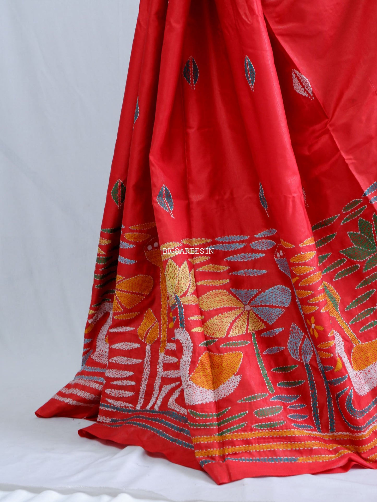 Kantha - Stitch Hand Embroidered Saree | Blended Bangalore Silk / Art Silk | Red