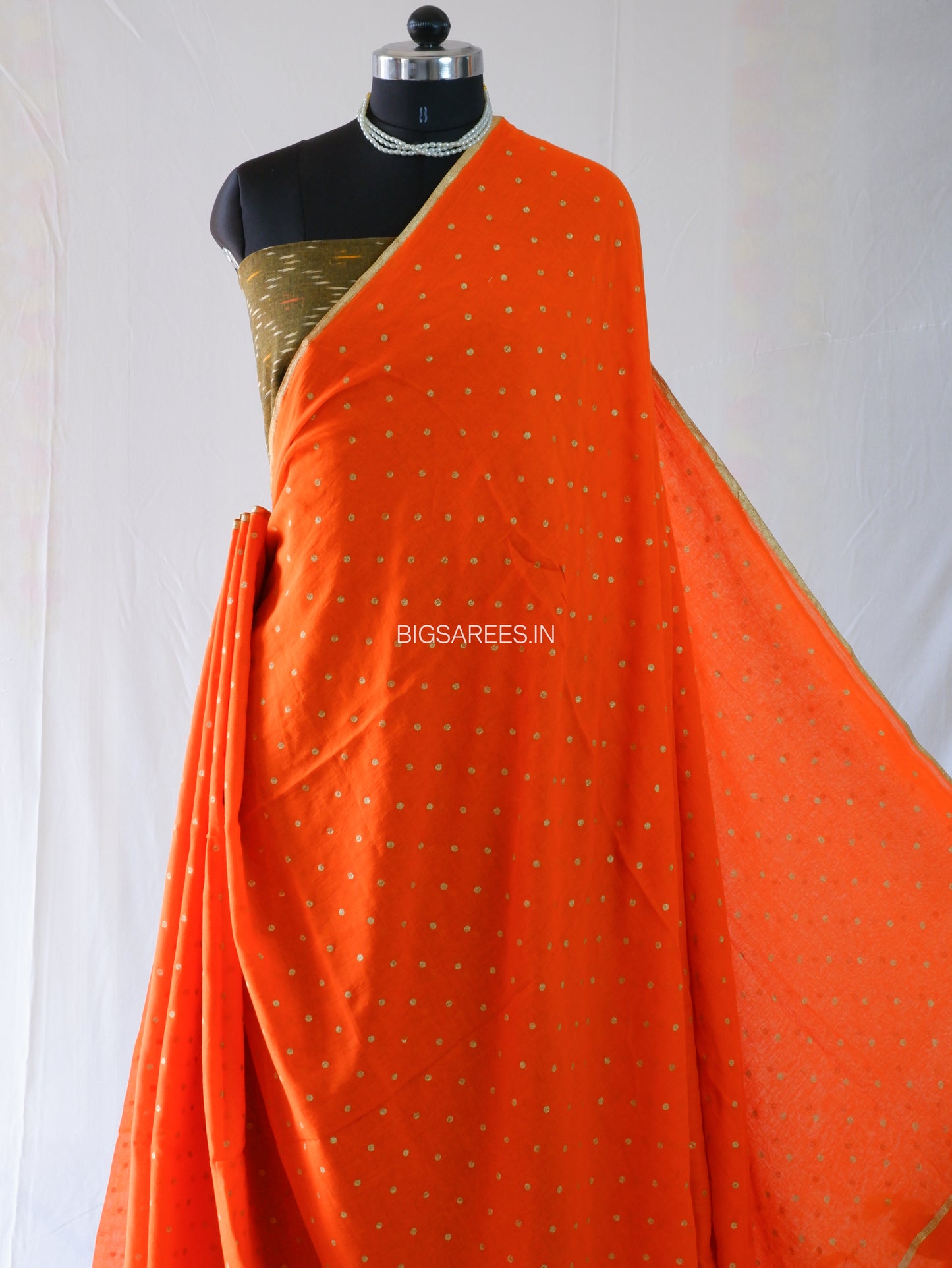 Polka Dot Saree With Blouse | Mul Cotton | Orange