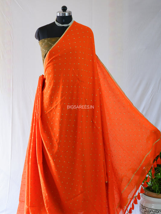 Polka Dot Saree With Blouse | Mul Cotton | Orange