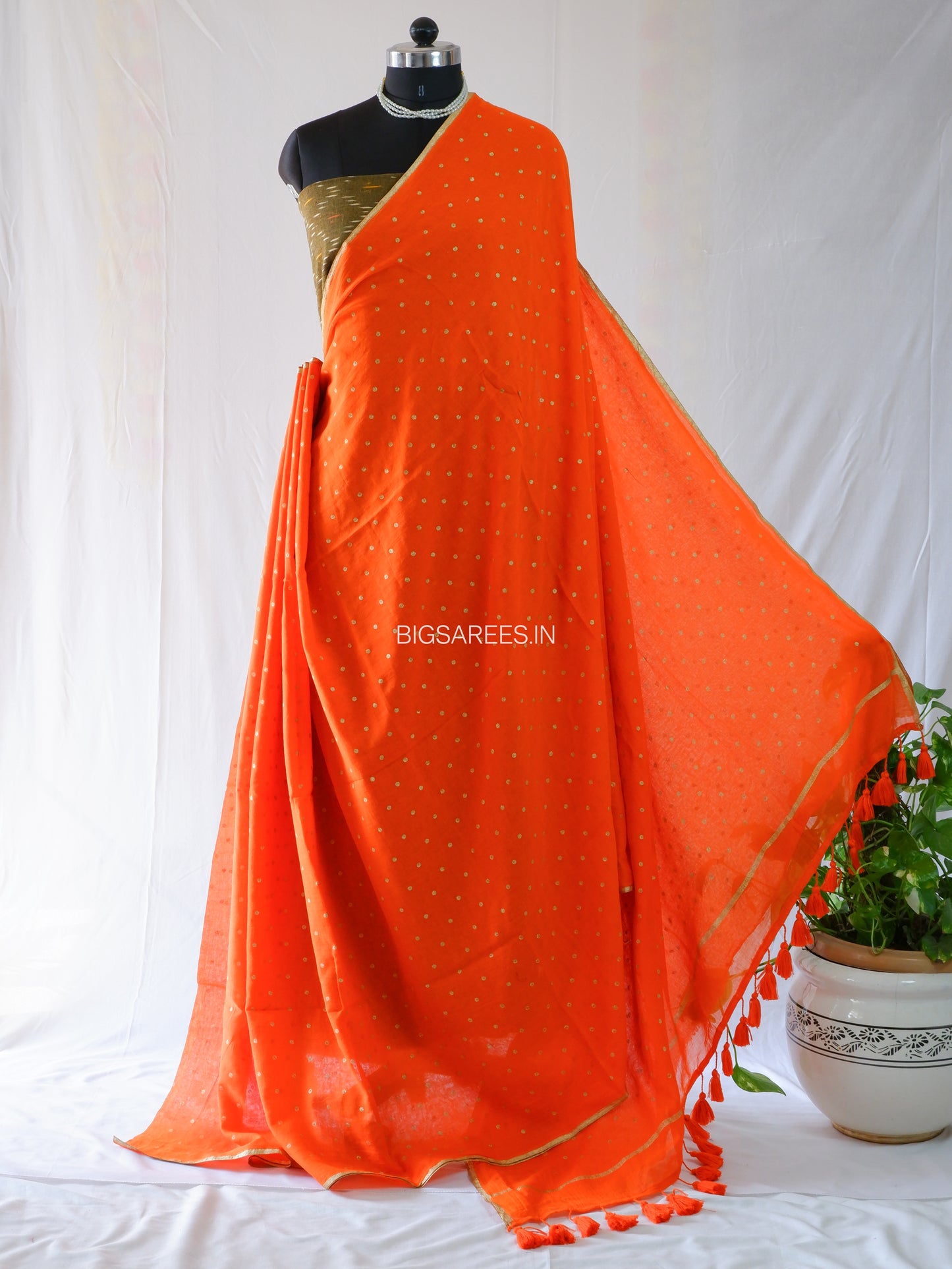 Polka Dot Saree With Blouse | Mul Cotton | Orange